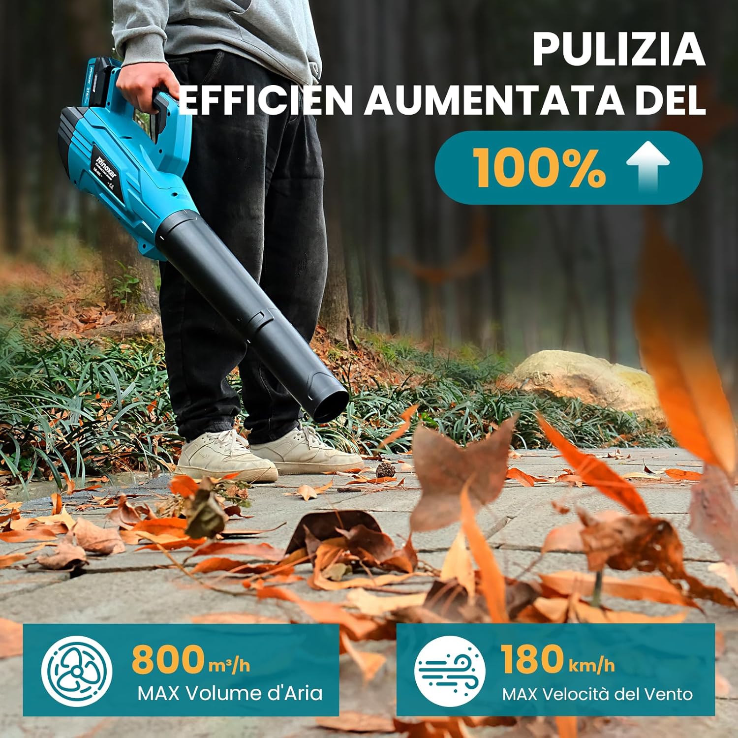 Battery Blower, 5 Speeds Cordless Electric Blower with Brushless Motor, 2 Batteries of 5.2Ah/18 V, 35,000 RPM, Air Speed 180 km/h, Air Flow 800 m³/h, 2 Interchangeable Nozzles