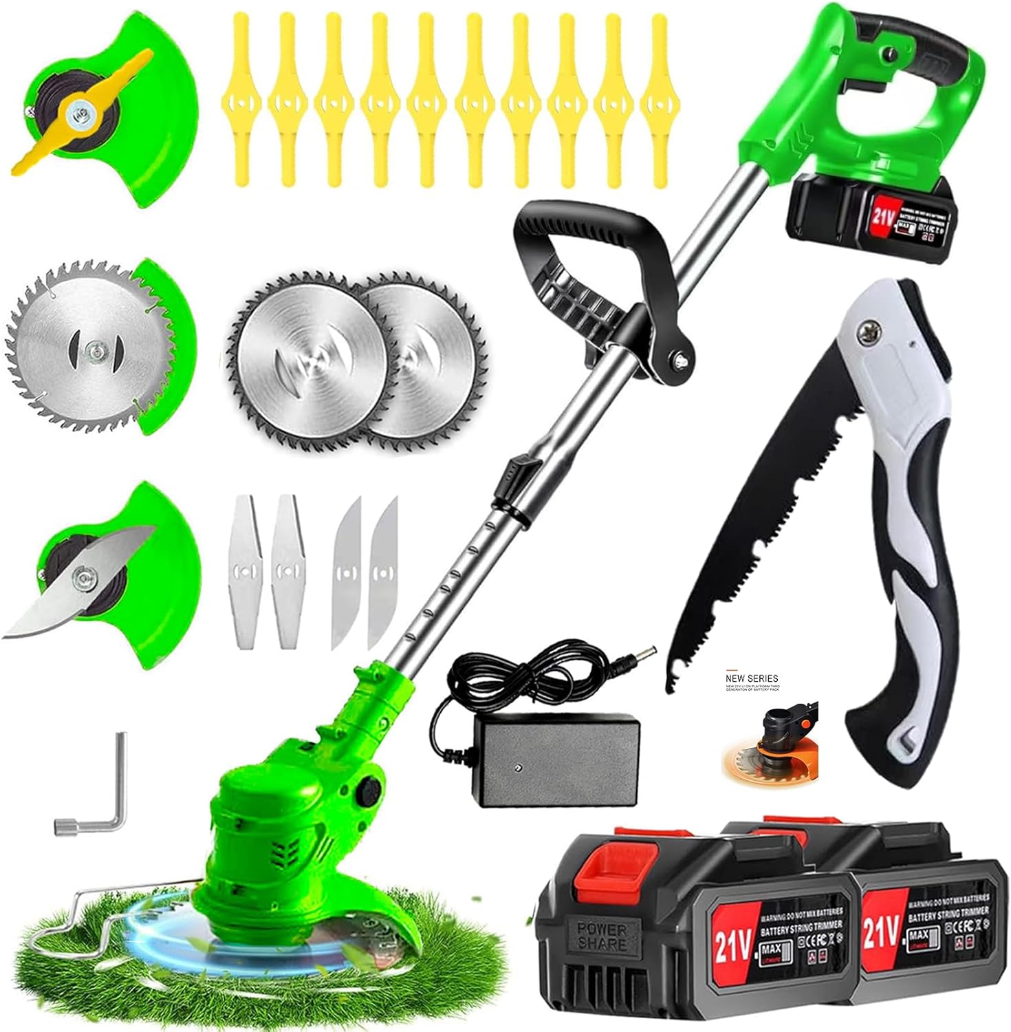 Decespugliatore a Batteria,21V 2000mAh Tagliabordi Elettrico， Con Lama in Metallo3 in 1Tagliabordi a batteria ，Maniglia a scomparsa e rotazione della testa di 90°，Adatto per prati, giardini e campi