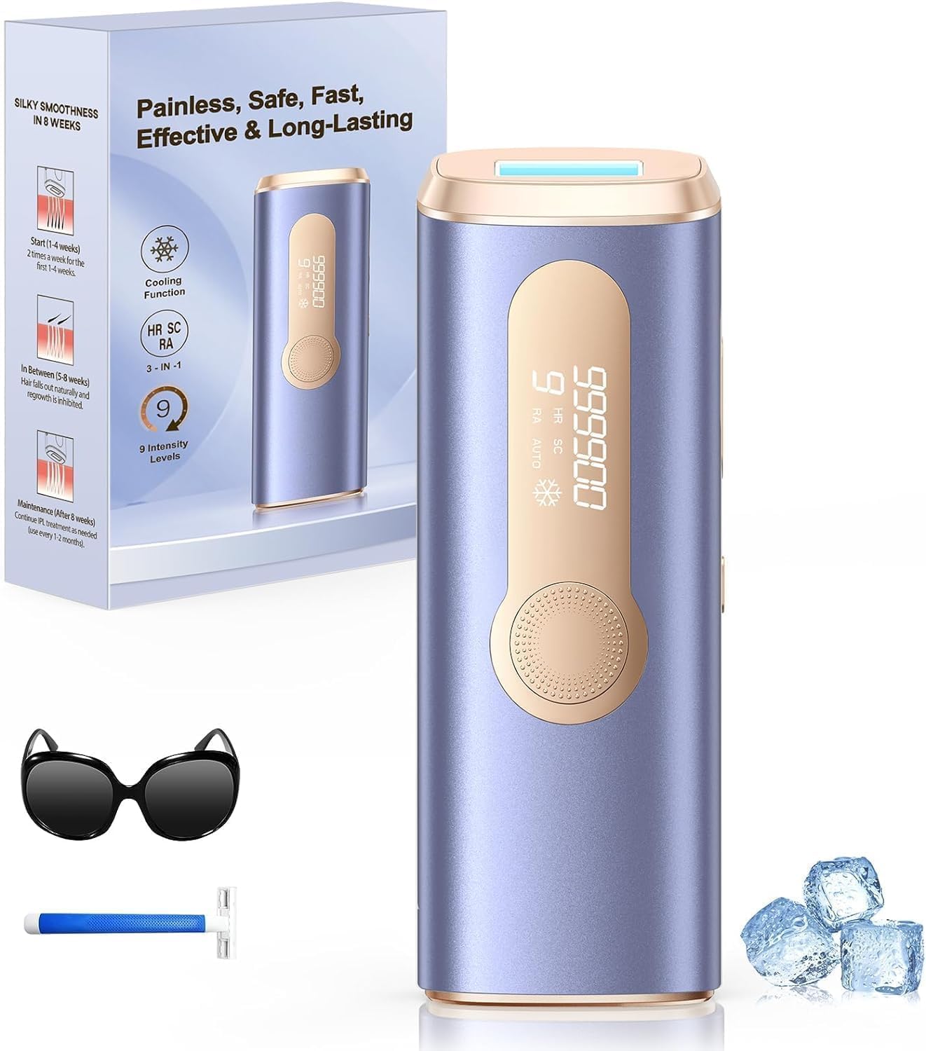 Haarlosy Epilatore Luce Pulsata IPL con Ghiaccio, 3-in-1 Epilatore Laser per Donna e Uomo, 9 Livelli di Energia Regolabile Adatto a Corpo Viso Ascelle Gambe Sensibili (Bianco)