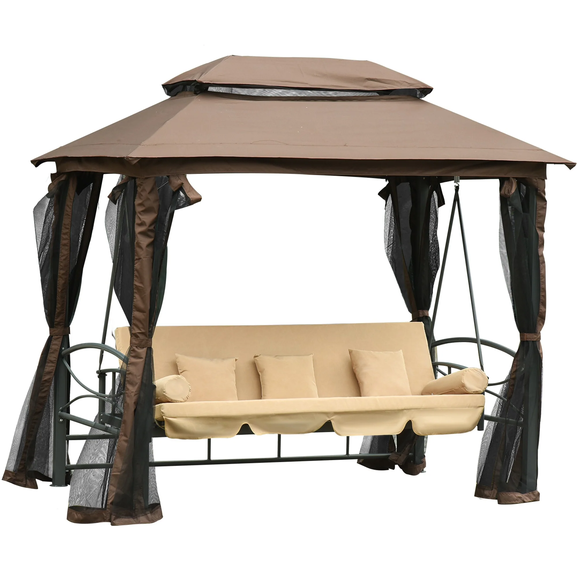 Easycomfort Dondolo 3 Posti da Giardino Convertibile in Lettino con Gazebo, con Zanzariera e Cuscini, 257x175x240cm Cachi