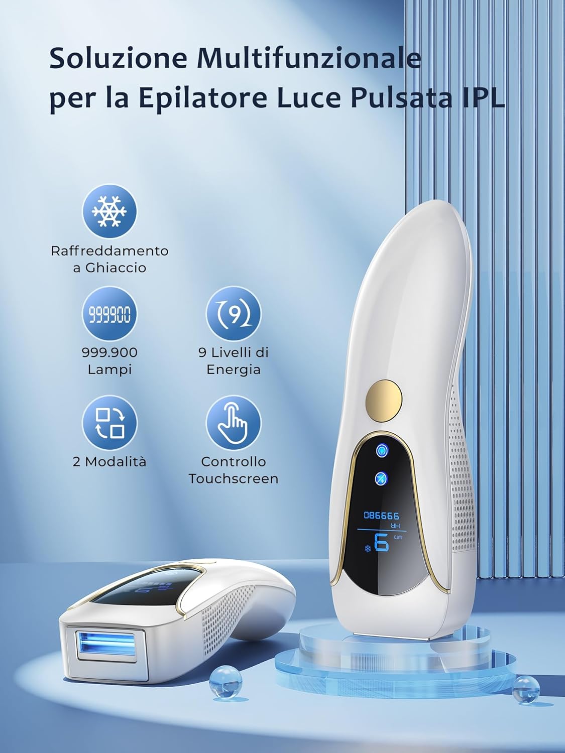Epilatore Luce Pulsata con Funzione Ghiaccio, Luce Pulsata Efficiente 19,35J con 9 Livelli di Energia, Flash Continuo Automatico, Epilatore a Luce Pulsata per Donne, Braccia,Ascelle,Gambe