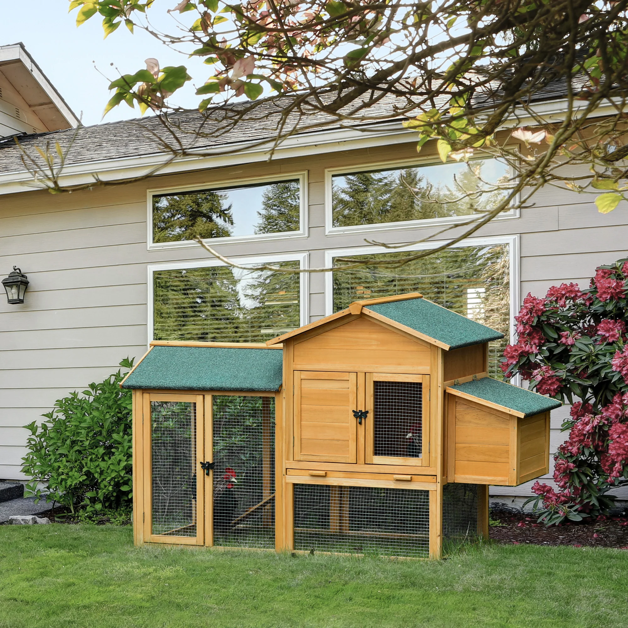 Easycomfort Gabbia per Galline con Casetta e Area Aperta, Nido con Tetto Apribile e Rete Metallica, Pollaio in Legno Giallo, 168x75x103cm