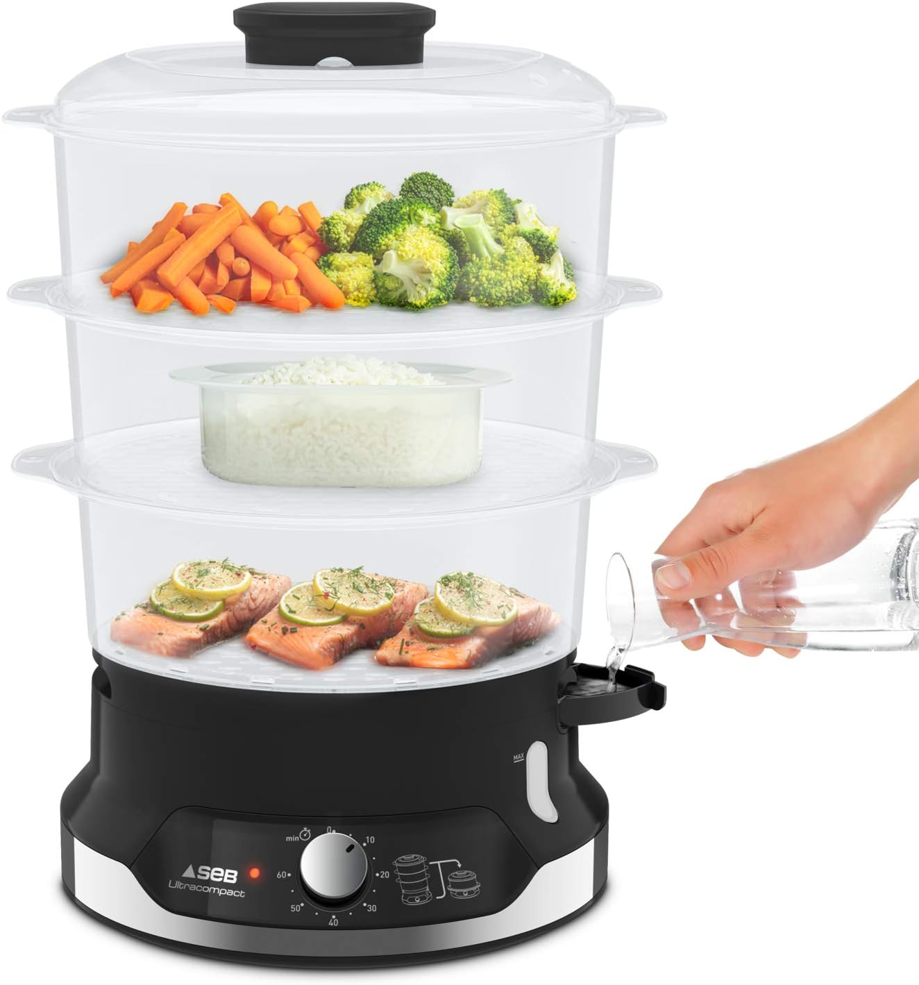 Seb UltraCompact Steam, Healthy Cooking, 9L, 800W, 3 Stacking Bowls, Rice and Cereal Container, 60 min Timer, Auto Shutdown, Visible Water Level, Easy Storage VC204800
