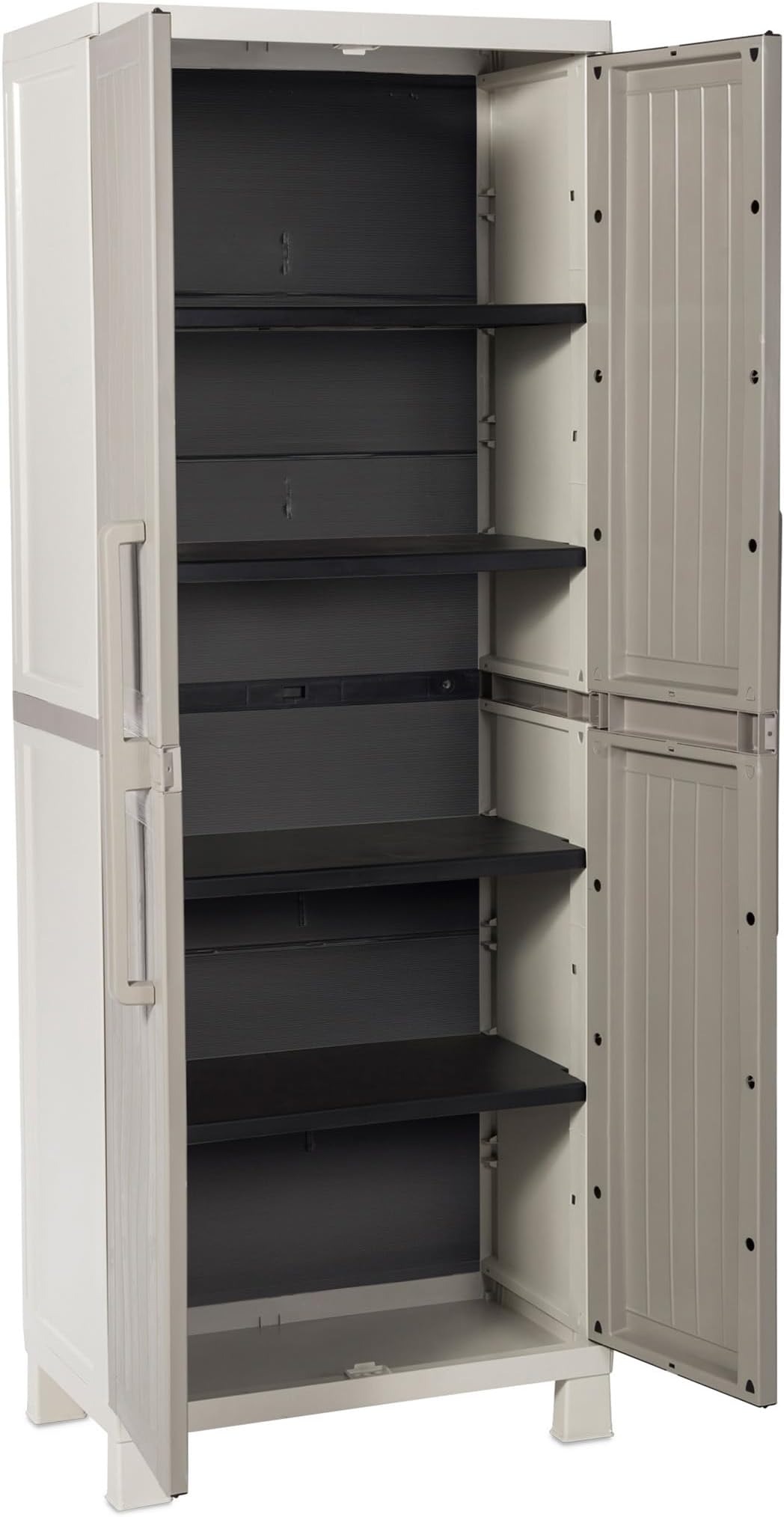 Toomax Armadio Wood Midi tuttopiani con 4 Ripiani, in plastica da Interni ed esterni, colore Grigio Tortora/Grigio Chiaro, dimensioni cm 65x37x165