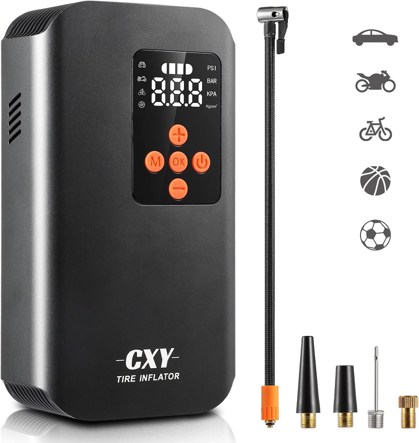 CXY 7500mah Compressore Aria Portatile Auto, Elettrico Pompa Elettrica per Bicicletta, Mini Compressore Pneumatici per Auto Ricaricabili con 4 Ugelli Diversi per Auto, Moto, Biciclette e Palloni