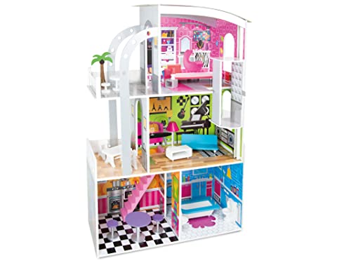 Teorema 40642   Casa per le bambole Tema Hollywood, 4 stanze, con Accessori in legno, Ascensore Manuale, Altezza 110cm : Giochi e giocattoli