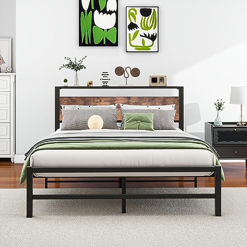 VERFARM Struttura letto matrimoniale in metallo con testiera in legno, 135 x 190 cm, senza bisogno di molle, robusto supporto a doghe in acciaio, facile da montare, senza rumore, marrone vintage : Amazon.it: Casa e cucina