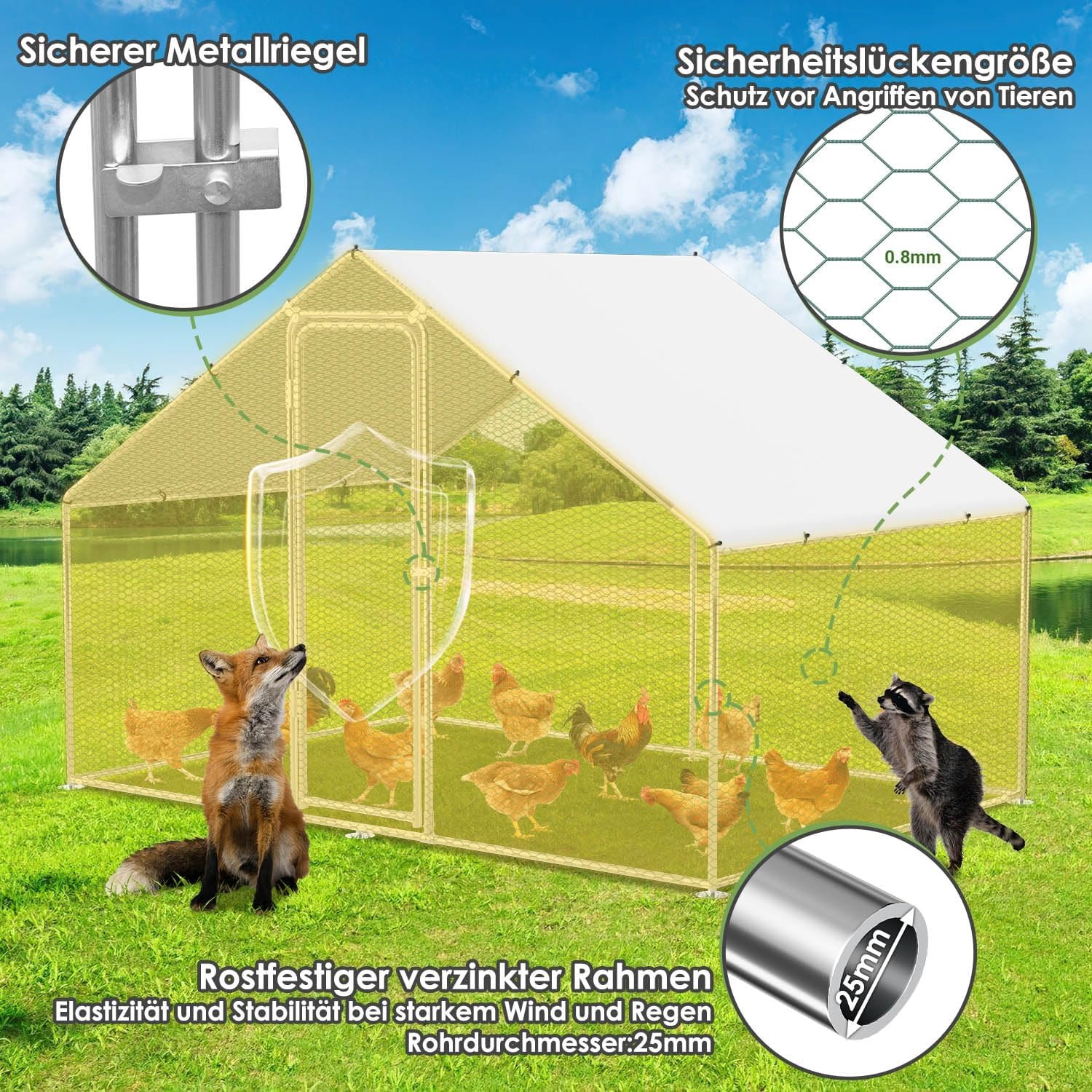 Herrselsam Pollaio Ovaiole per Esterni, 3x2x2m Pollaio per Esterni con Telaio Zincato, Recinto con Copertura in Tessuto Impermeabile, Serratura, per Polli, Anatre e Conigli