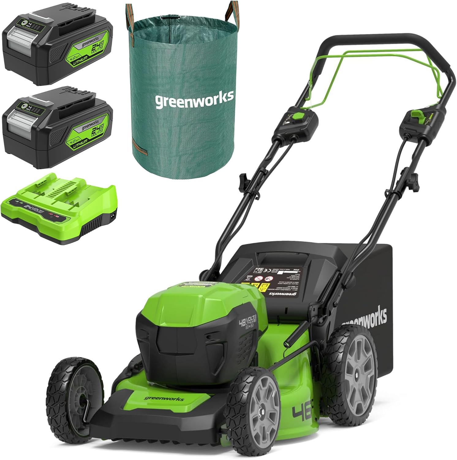 Greenworks 48V (2x24V) Tagliaerba Semovente a Batteria per Prati Fino a 480m2, Ampiezza di taglio 46cm, CON Due Batterie 4Ah e Caricabatterie Doppio GD24X2LM46SPK4X