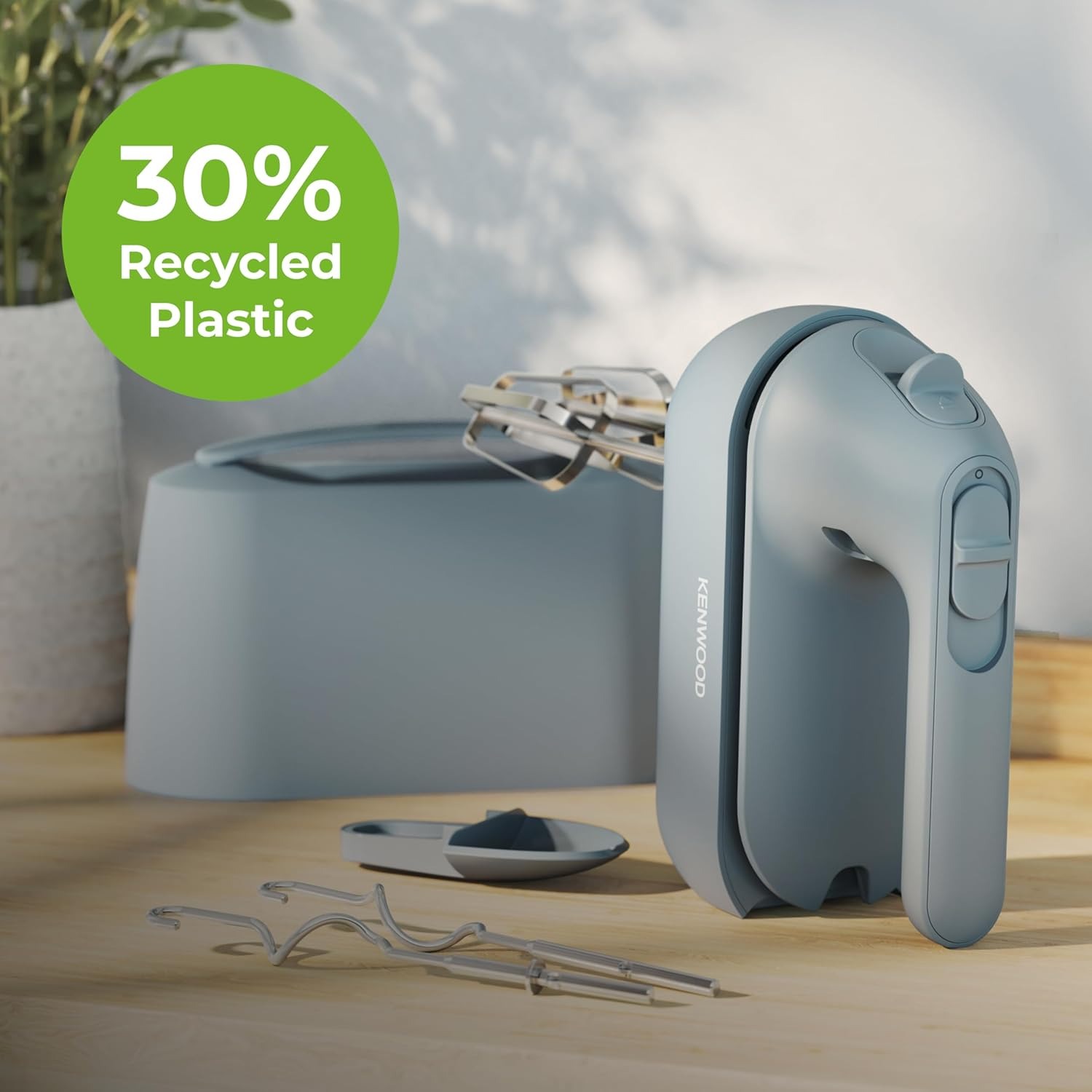 Kenwood QuickMix Go HMP40.000GY, Sbattitore Elettrico Portatile con Custodia Integrata, Fruste e Ganci per impastare in Acciaio Inox, 5 Velocità, Realizzato con Plastica Riciclata, 350W, Storm Blue