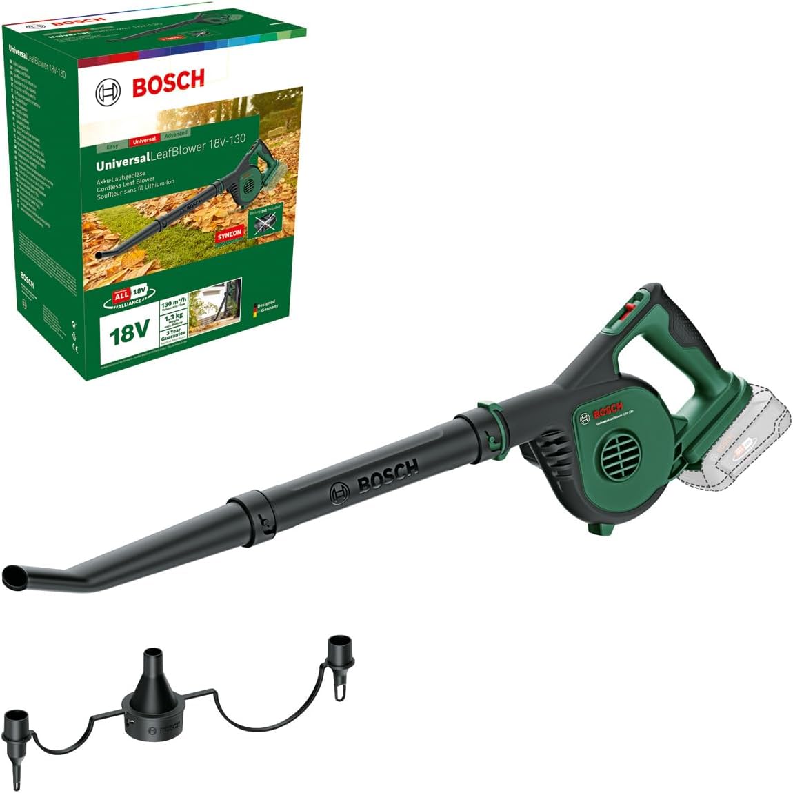 Bosch Soffiatore da giardino a batteria UniversalLeafBlower 18V-130 (per pulizie rapide e agevoli all'esterno; 18 Volt System; 1 batteria da 2,5 Ah e caricabatteria)
