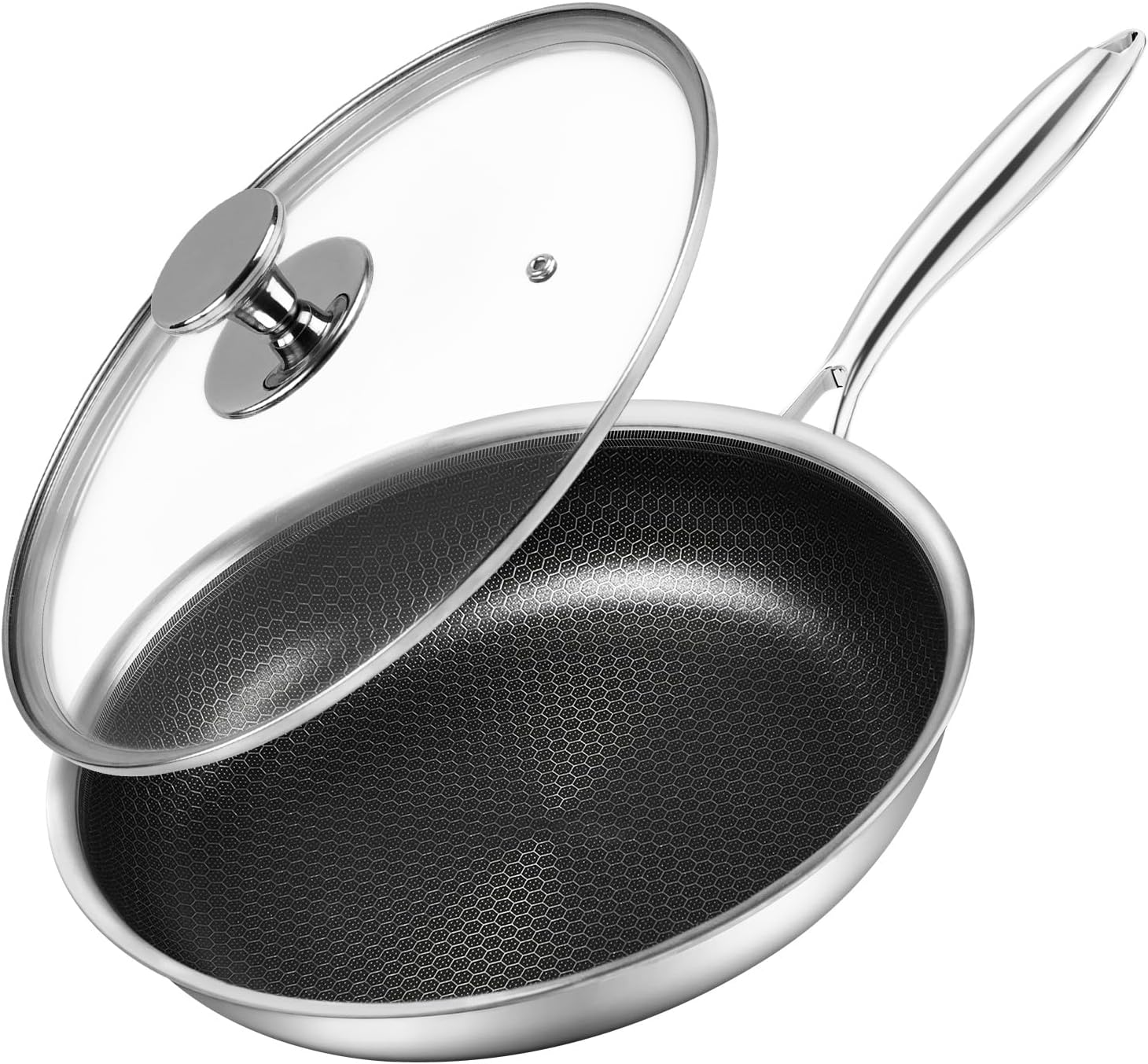 Innerwell Non-Stick Frying Pan Set 20/24/28 cm, 3 Pieces Stainless Steel Induction Frying Pan with Lid, Anti-Scratch Honeycomb Coating, Suitable for Oven, PFOA Free