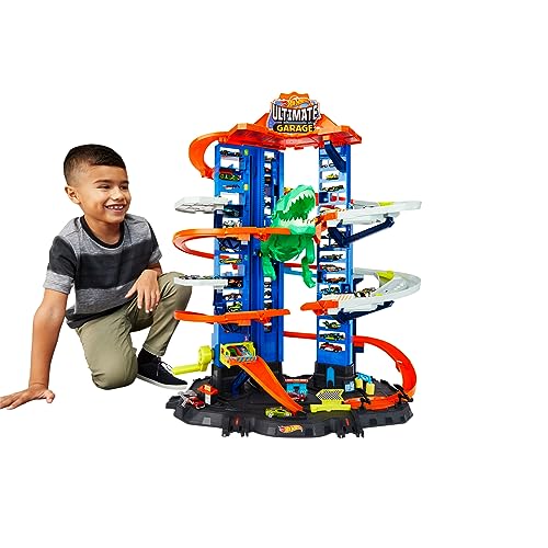 Hot Wheels City Robo T Rex Ultimate Garage Modalità multigiocatore a più livelli per riporre auto in scala 100 plus 1 64, idea regalo per bambini dai 5 anni in su, GJL14 : Giochi e giocattoli