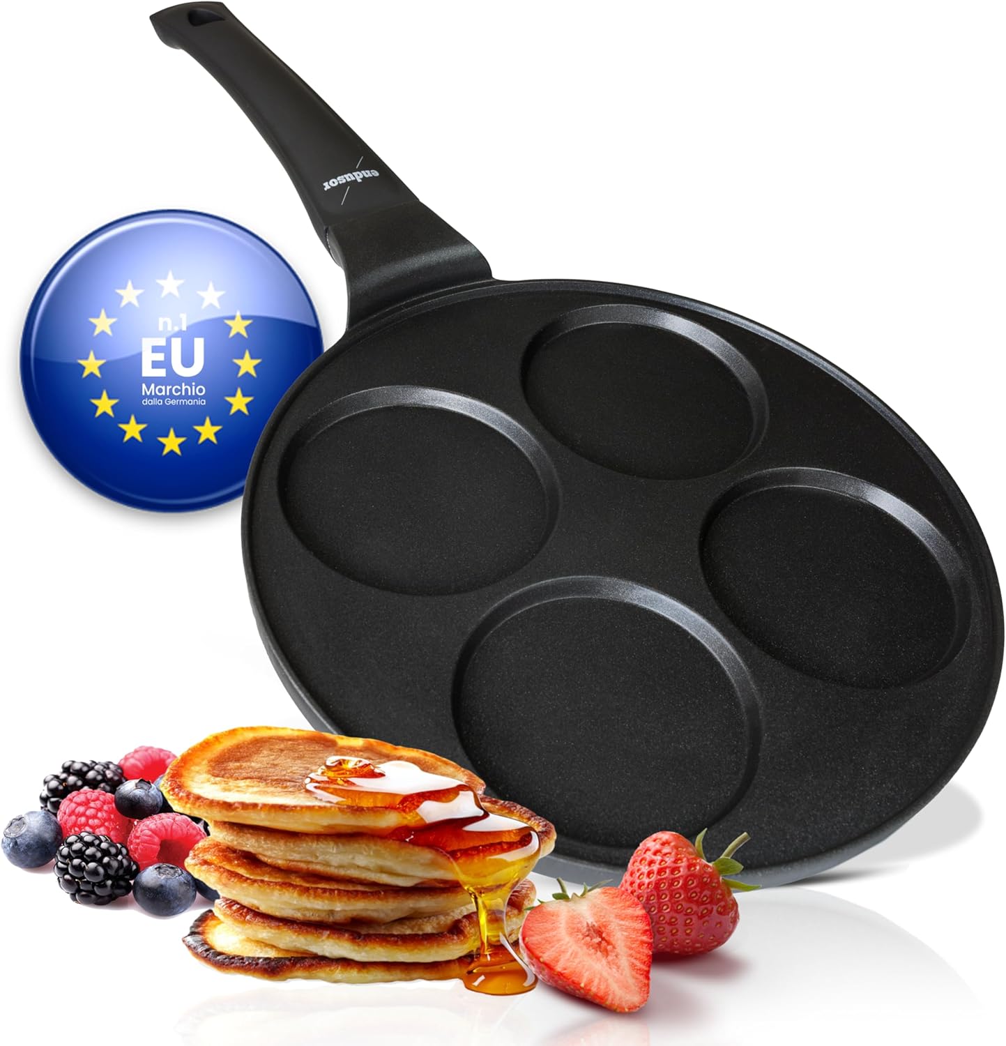 endusor Induction Pancake Pan – Ø26 cm Non-Stick Pancake Pan | for Induction Gas Ceramic Electric Halogen Cookers | 4 Pancakes Pan for Pancakes Fried Eggs Omelets Poffertjes