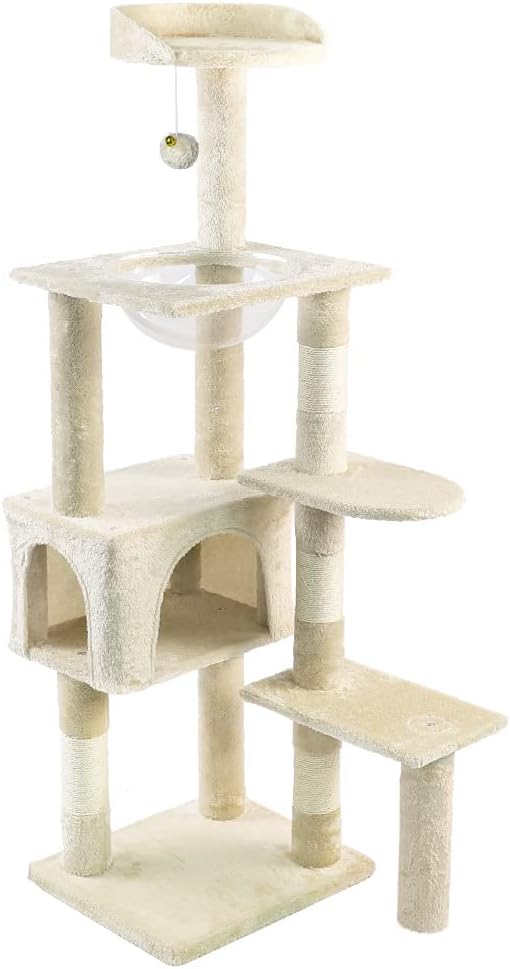 VOUNOT® Tiragraffi per Gatti, Albero Tiragraffi Gatto di Naturali Sisal con Cuccia Graffiatoio, 112cm, Beige