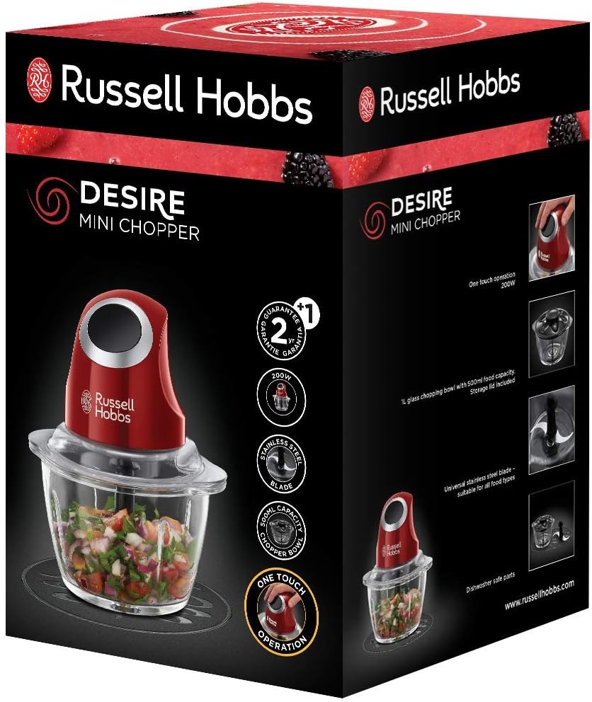 Russell Hobbs Mini tritatutto elettrico [contenitore in vetro con coperchio] Desire Red (500 ml, trituratore di verdure, mixer, trituratore multiuso e universale per verdura, frutta e carne) 24660-56