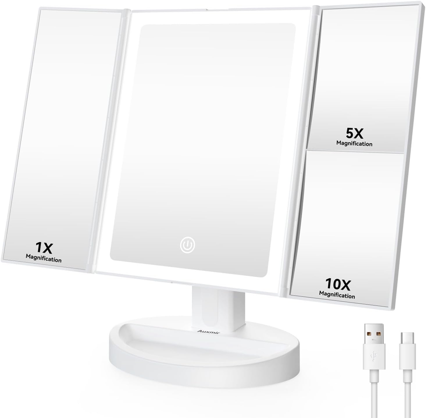 Auxmir Specchio Trucco con Luci a LED, Specchio Portabile con Luminosità Regolabile, 3 Colori di Luce, Batteria Ricaricabile, Ideale Regalo per Casa e Viaggio