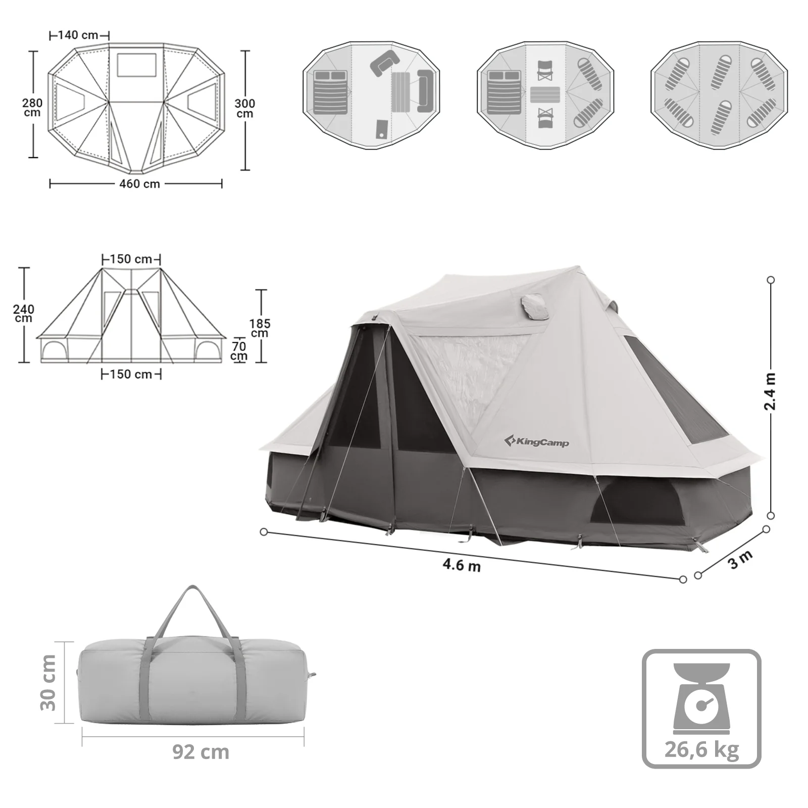 2025 KingCamp Khan Villa – Tenda di gruppo lussuosa per glamping con altezza interna di 240 cm, uscita per camino e pareti laterali in mesh per una ventilazione ottimale