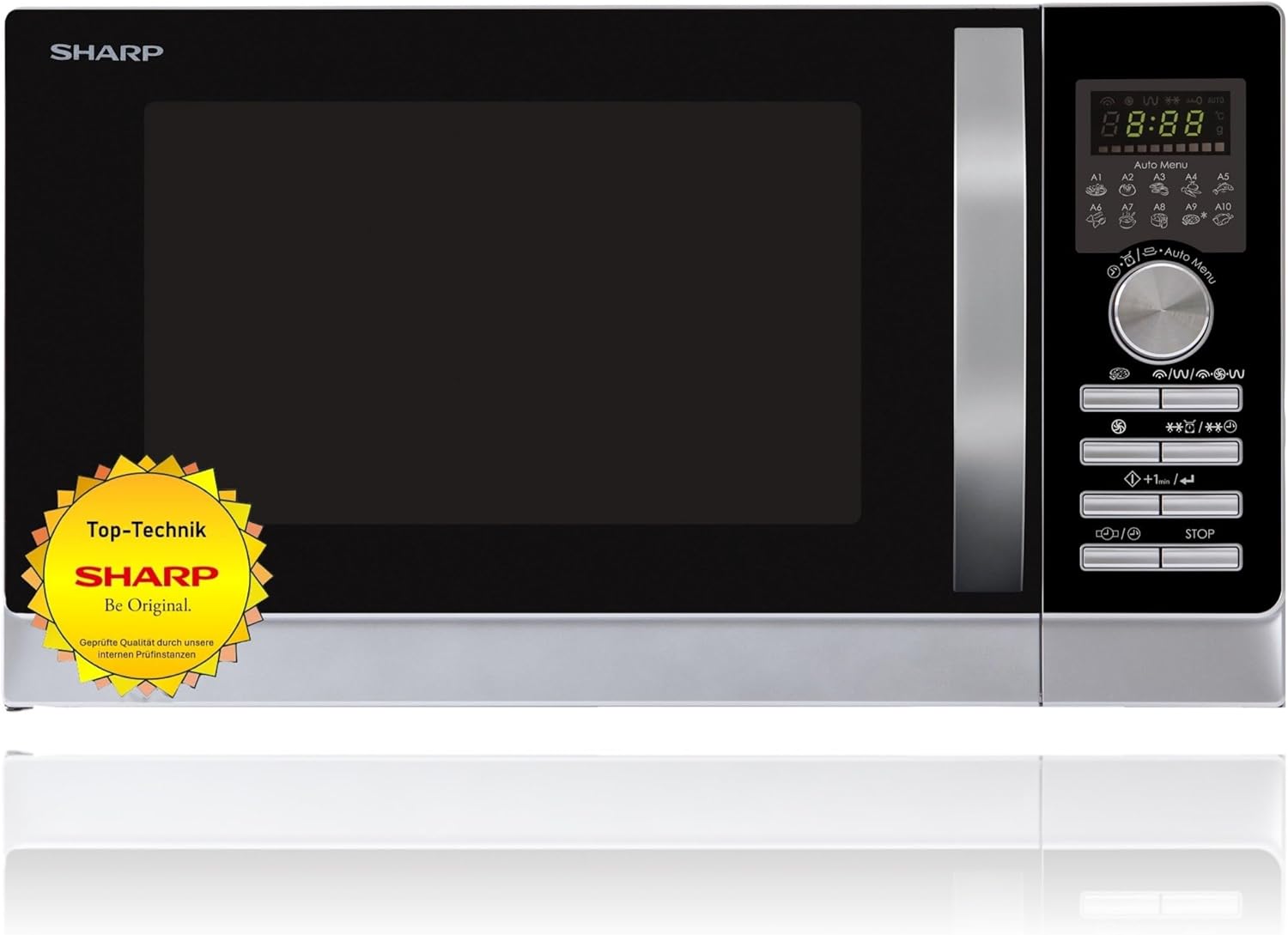 Sharp R843INW 3-in-1 Microwave with Hot Air, Grill and Convection / 25L/1000W Grill / 2500 Convection / 10 Automatic Programs / Pizza Program / Metal Rotating Plate (30 cm) / Silver