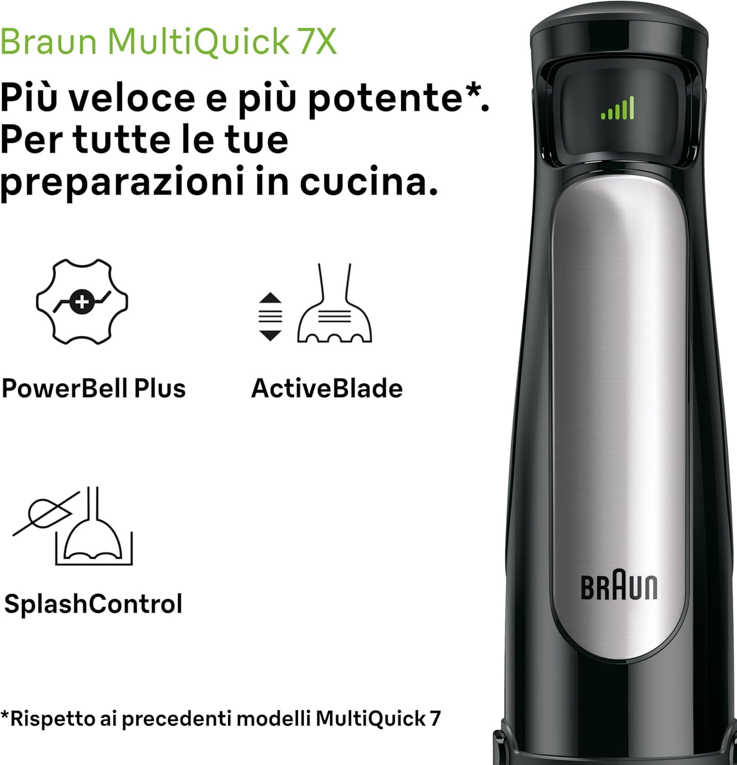 Braun Multiquick7 MQ7087X, Minipimer Frullatore ad Immersione, Dotato di Ciotola Robot da 1,5L, Disco Patatine, Frusta a Filo, Schiacciapatate, Minitritatutto 350ml, 1000 W, 6 accessori e Bicchiere [Classe di efficienza energetica A]