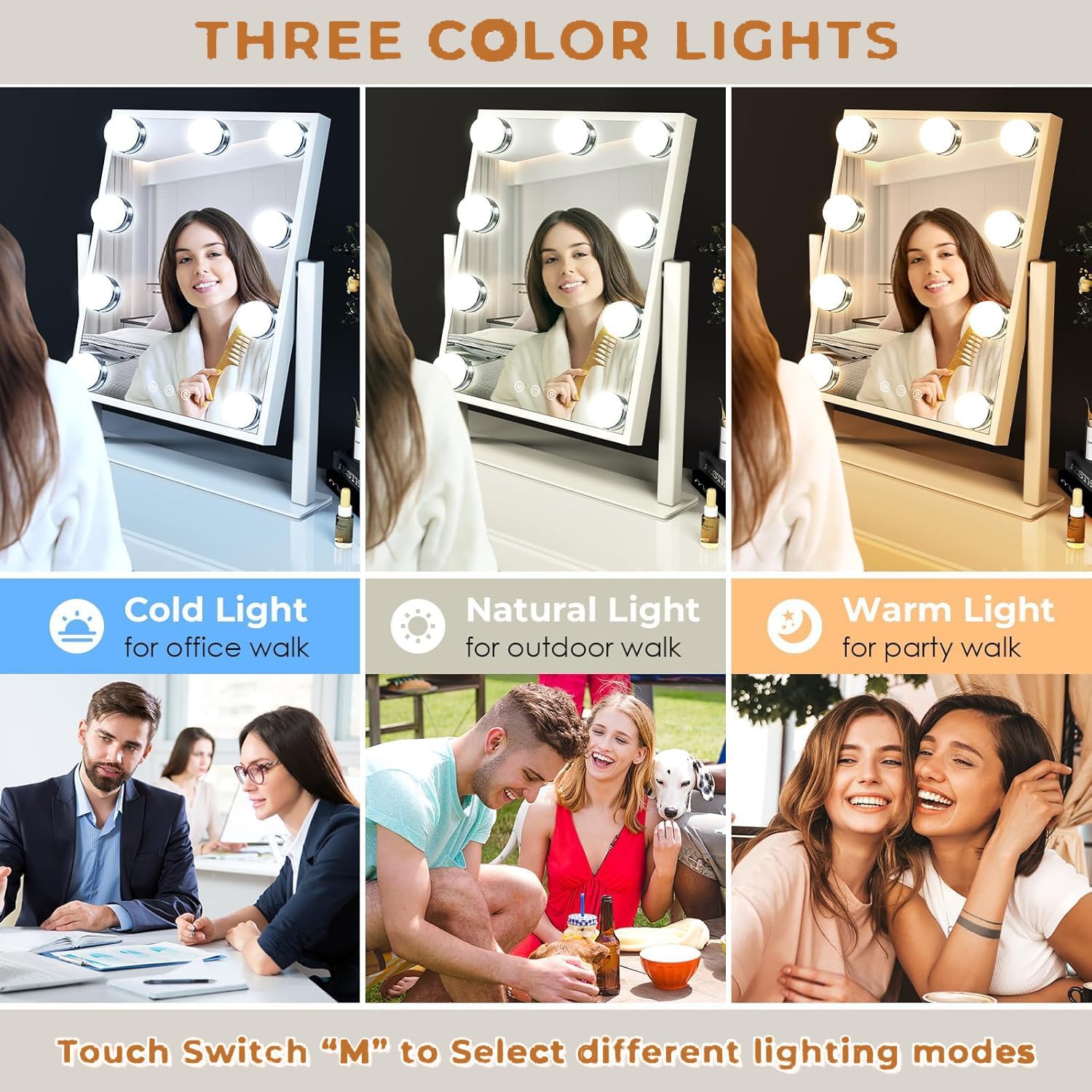 LuxeVue Specchio da Trucco con Luci luce Hollywood Specchio con a 3 colori e LED dimmerabili Specchio Hollywood da Tavolo Touch Screen Regolabile a 360 Gradi