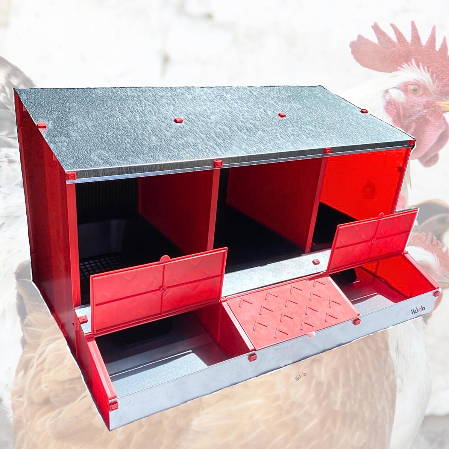 New - IKLOB® Nest for Laying Hens Red Colour - Laying Hens Nest with 3 Compartments for 12/14 Hens, with Larger Spaces to Make the Hen More Comfortable and Stress Free