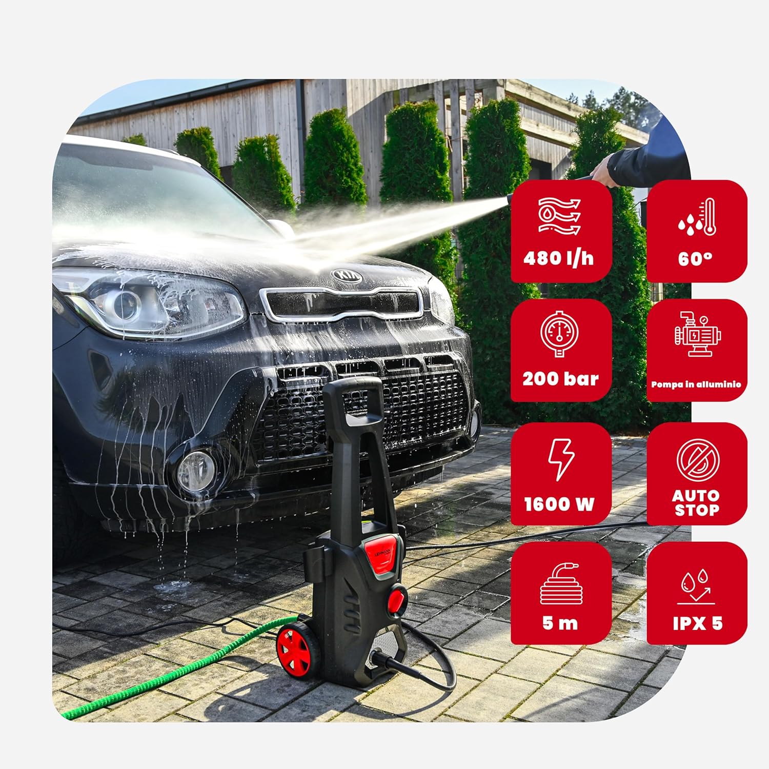 LEHMANN Jukon Idropulitrice Alta Pressione, 1600 W, Pressione max. 200 bar, Portata 480 l/h, Autoadescante, Con Accessori - Pistola, Lance, Lancia Schiuma, Spazzola per Patio, Spazzola per Cerchi