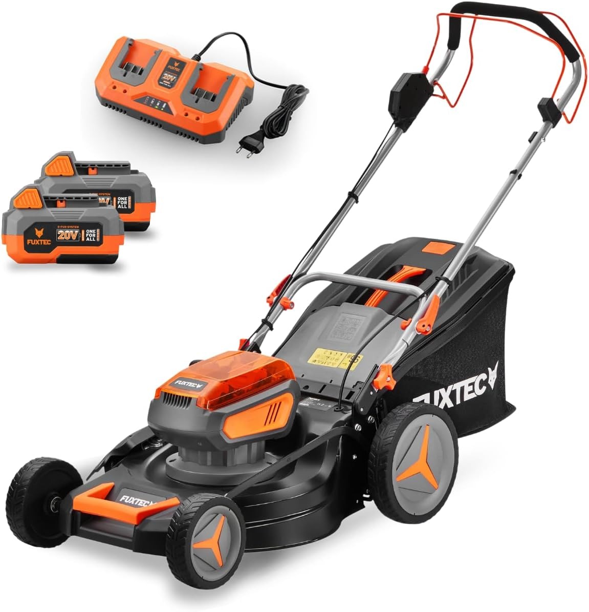 Fuxtec Tagliaerba a Batteria 40V (2x20V) E2RM46 semovente, Mulching e Scarico Laterale - Set Batterie 2x4Ah e Caricabatterie - Larghezza di Taglio 46cm, 50L, Altezza di Taglio 25-75mm