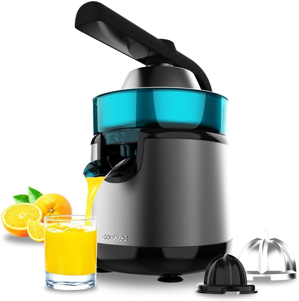Cecotec Spremiagrumi Elettrico a Braccio Essentialvita Hyden 120. per Arance e Agrumi, 120W, 2 Coni in Plastica Staccabili di Diverse Dimensioni, Manico e Coperchio in Plastica, Capacità 250ml