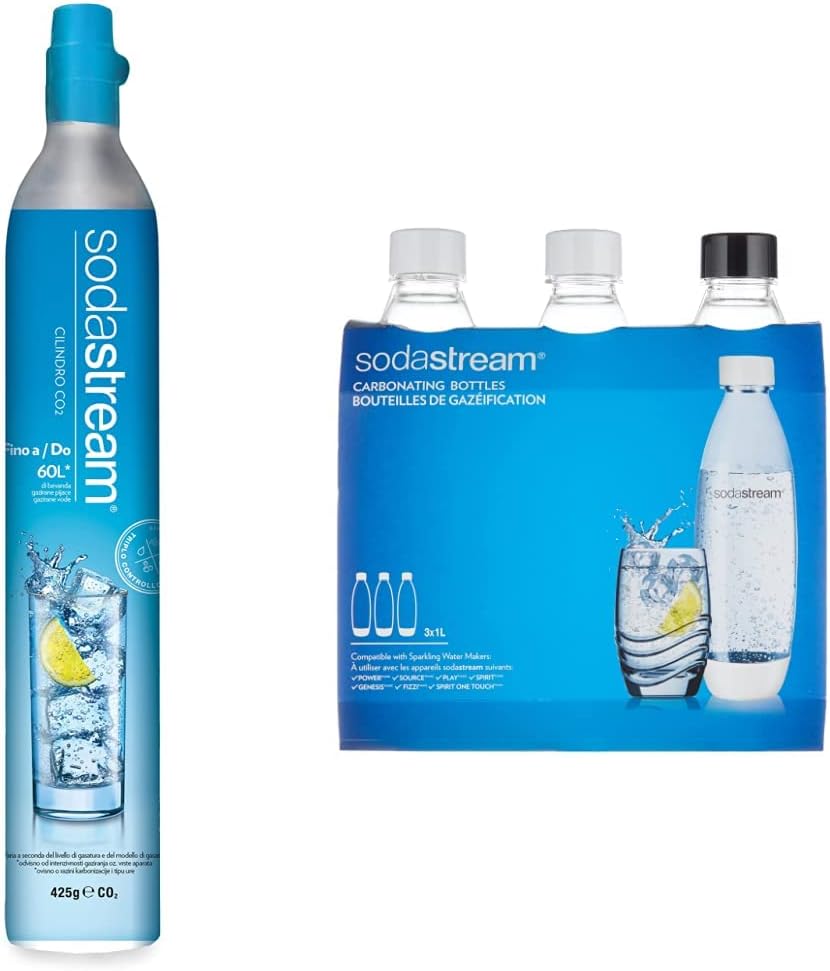 SodaStream Cilindro Co2 Addizionale in licenza d'uso, bombola Co2 alimentare ad avvitamento con tutti i gasatori Sodastream, 7 x 7 x 37 centimetri & Bottiglie Fuse 1 litro, Confezione da 3 (3 x 1 L)