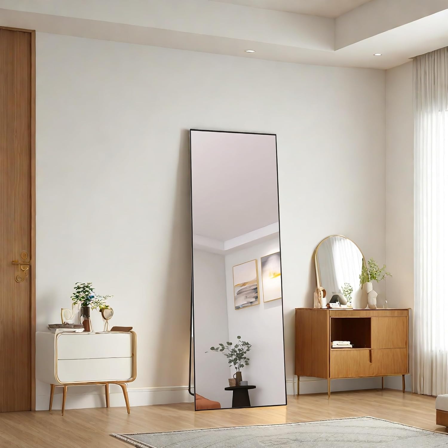 DAHUEN Specchio da appoggio 162 x 53 cm, specchio da pavimento rettangolare a piena lunghezza, specchio da parete da appendere o da appoggiare, con telaio in alluminio nero, per bagno, camera da