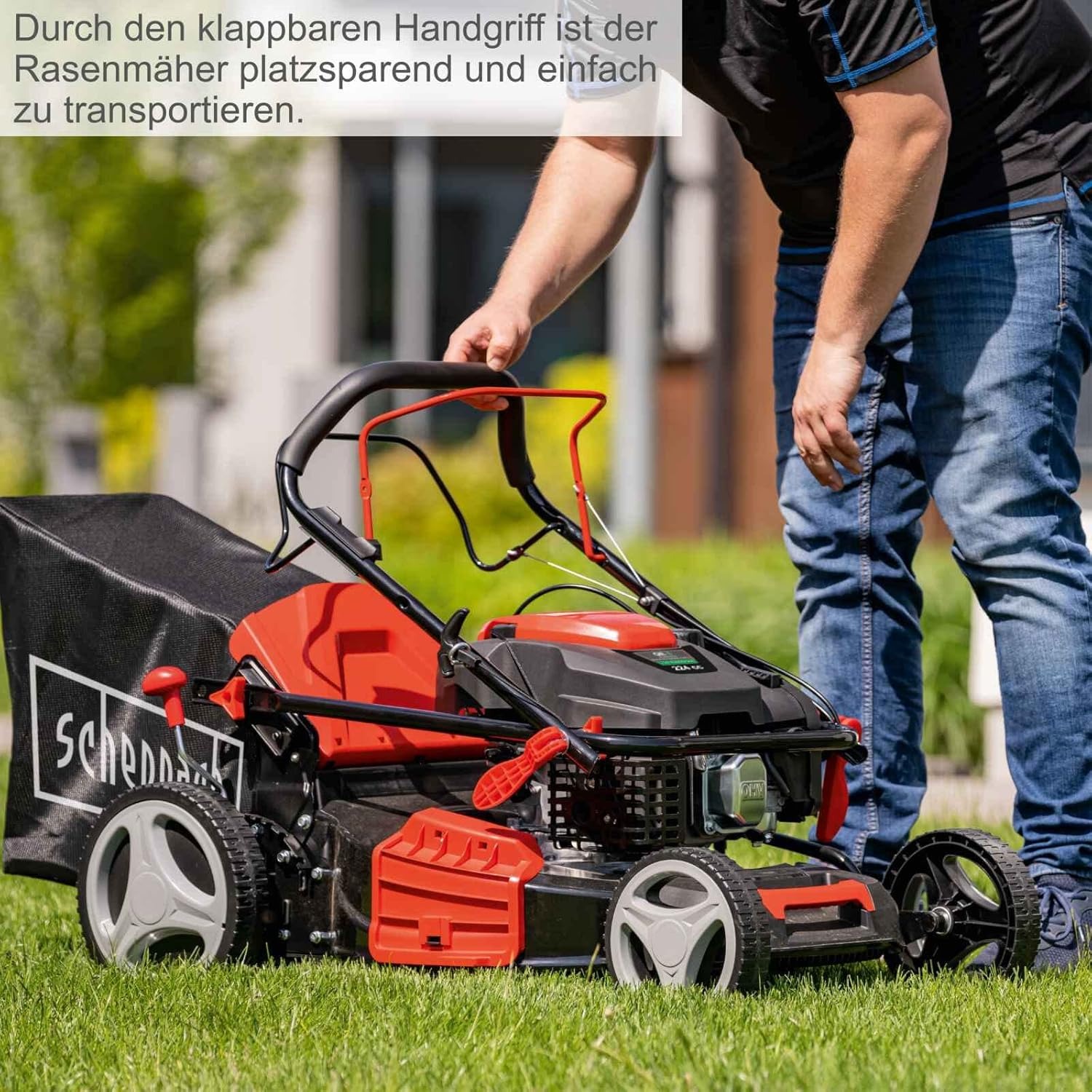 Scheppach MS225-53 - Tosaerba a benzina con azionamento, 6 CV, larghezza di taglio 53 cm, funzione di pulizia, cestino di raccolta da 65 litri, alloggiamento in acciaio, regolazione in altezza a 7