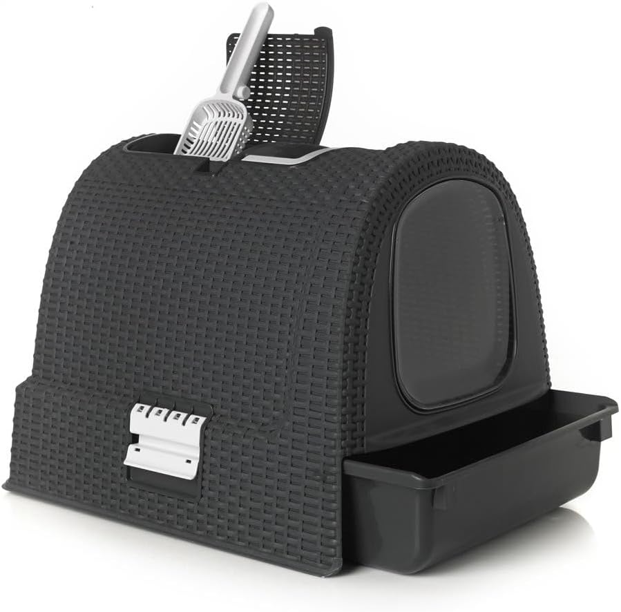 Curver 2068961 lettiera per gatti petlife con coperchio, lettiera con paletta, moderno effetto rattan intrecciato, antracite, 51,5 x 38,5 x 40 cm