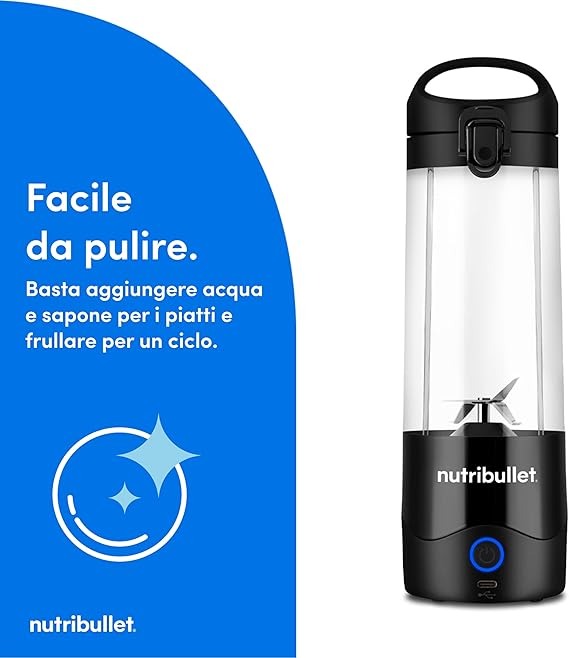 Nutribullet Leggero Frullatore Portatile, 475ml BPA Free Tritan, Mini Frullatore, Lama a 4 Punte in Acciaio Inox, Frullatore Multifunzione, Caricatore USB-C, Oltre 15 Cicli Frullatura, NBP003B, Nero
