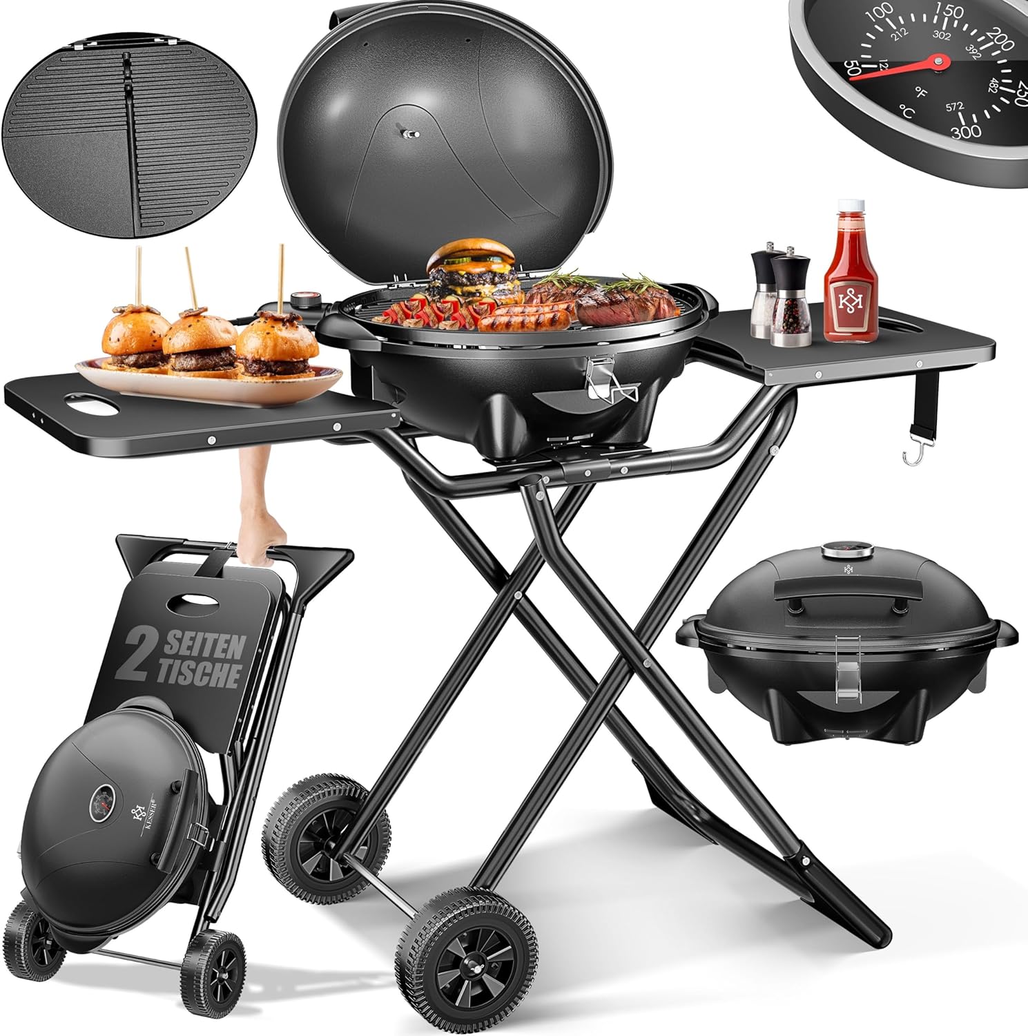 KESSER? Barbecue elettrico 2in1 Barbecue da tavolo, barbecue con coperchio e piedistallo | 2400 W max | pieghevole | termometro | rivestimento antiaderente | piastra della griglia ripiani di appoggio