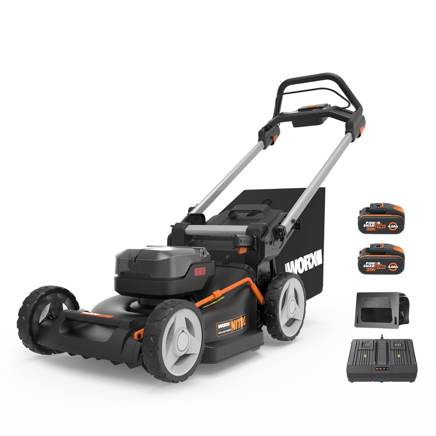 Rasaerba Nitro 40 V (2 x 20 V) WORX | PowerShare | WG749E | Include 2 batterie 4 Ah e caricatore doppio | 46 cm con trazione | Mulching | 7 posizioni di altezza