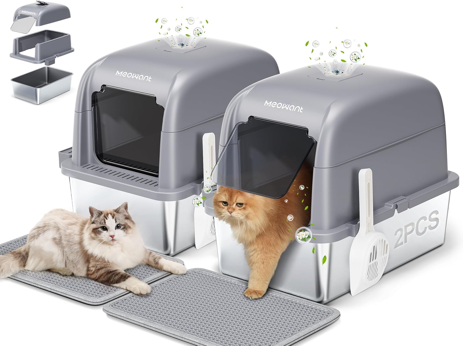 Meowant 2 Pezzi Lettiera Gatto in Acciaio Inox, Lettiere XXL, Nascosta Design Chiuso, Toilette Grande per Gatti di Grossa Taglia, Antiaderente, a Prova di Perdite, Staccabile e Facile da Pulire Grigio