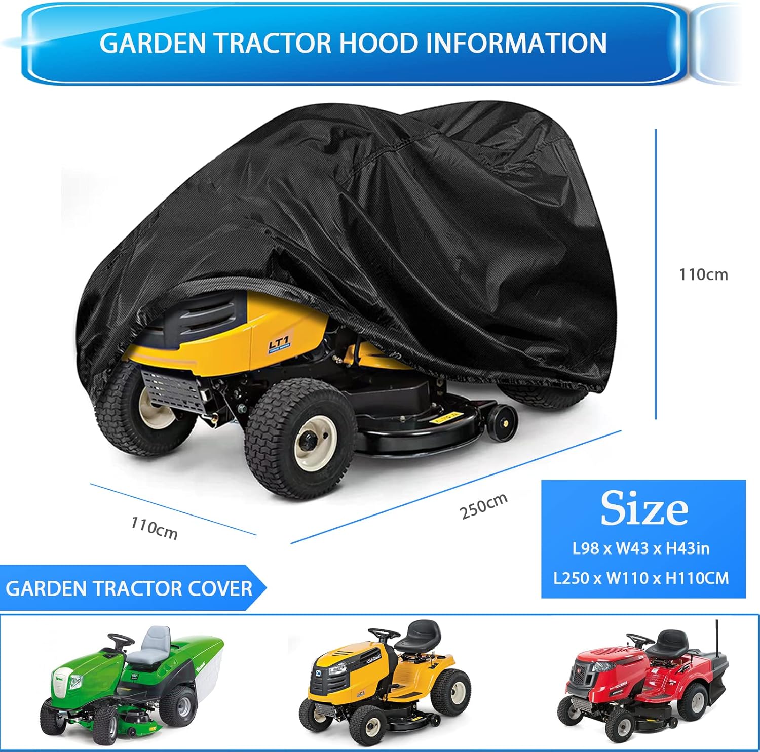 Lawn Mower Cover for Outdoor Lawn Tractor Cover, 420D Oxford Fabric, Windproof, Rainproof, Dustproof and Anti-UV (L250 x W110 x H110 cm)