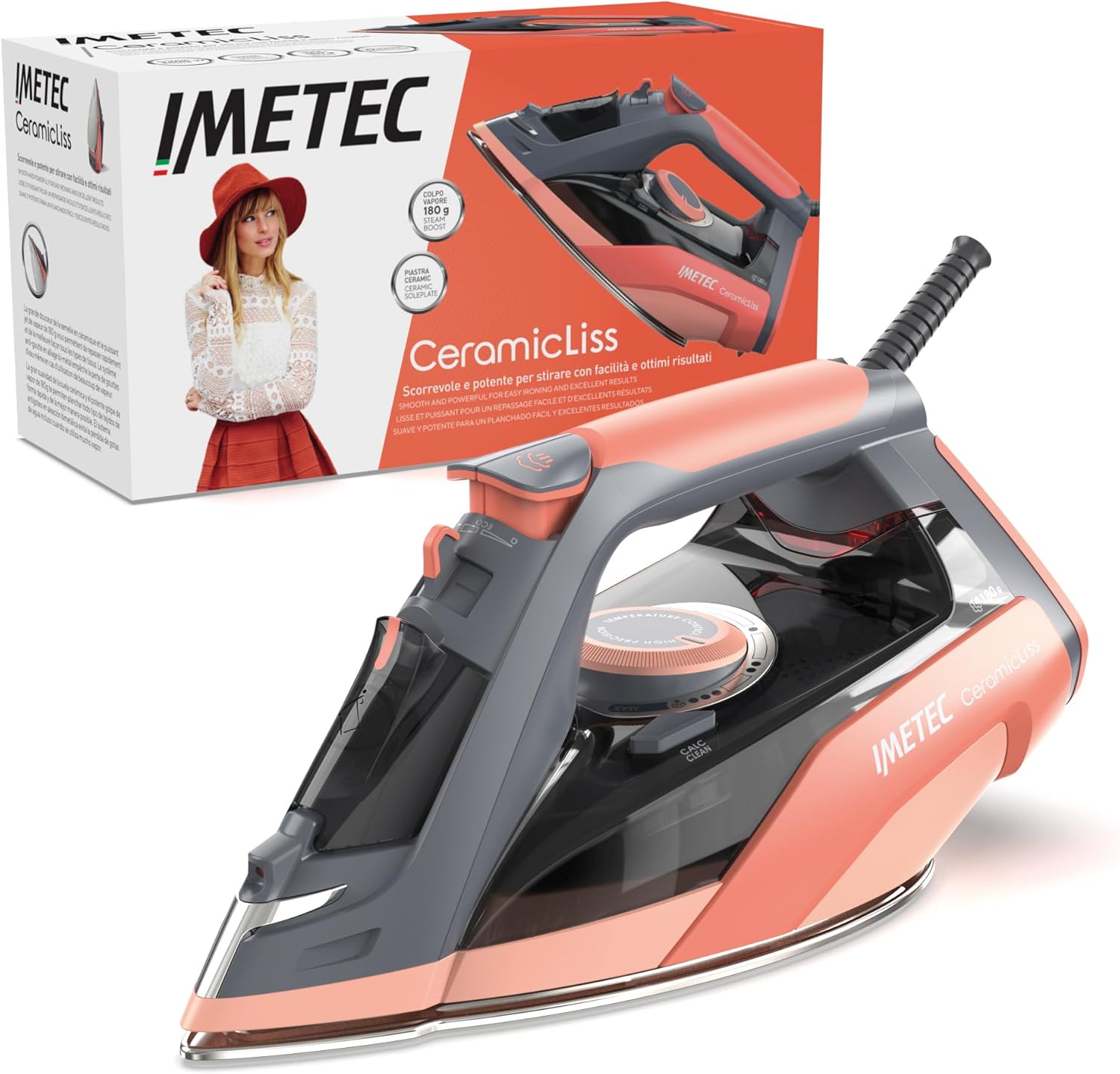 Imetec Ceramicliss - Steam Iron - Quadruple Anti-Limescale Protection - Steam Blow 180 g - Sliding Ceramic Plate - 2400 W - Non-Drip - Ergonomic Handle - Energy Saving