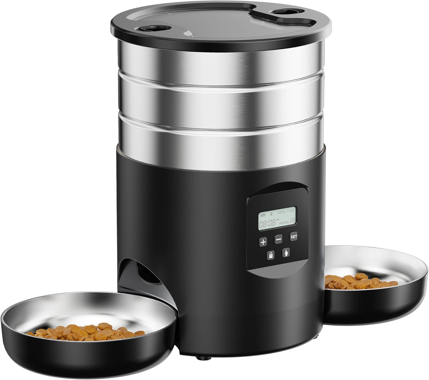 Automatic Cat Food Dispenser: Stainless Steel Cat Food Dispenser - Dog Food Dispenser with Programmable Timer - 5L Dispenser for Cats - Automatic Feeder with 2 Bowls