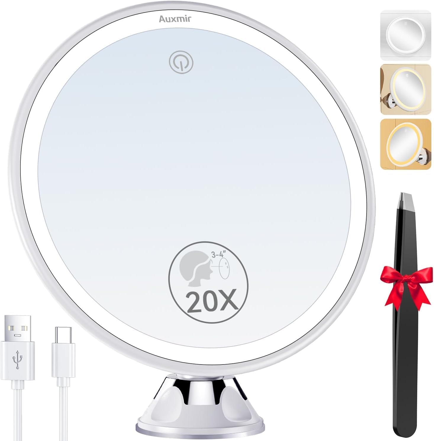 Auxmir Specchio Ingranditore 20X, Specchio Trucco a 3 Colori d’Illuminazione, Luminosità Regolabile, Specchio Cosmetico a Ventosa con Giunto Sferico Orientabile Rotazione a 360°, Ricaricabile