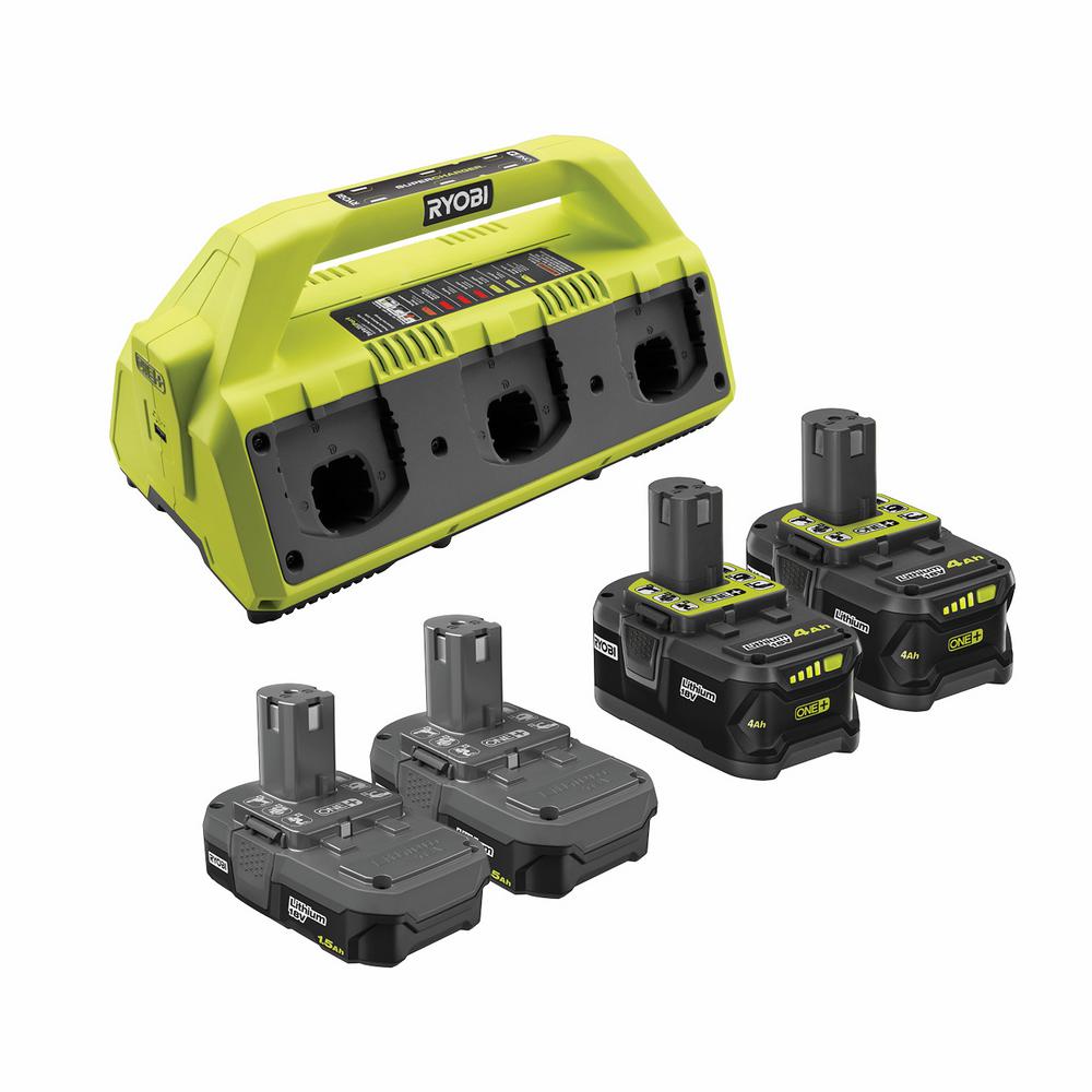 Kit Super Caricatore RYOBI ONE+ 18V con (2) batterie da 1,5 Ah e (2) batterie da 4,0 Ah