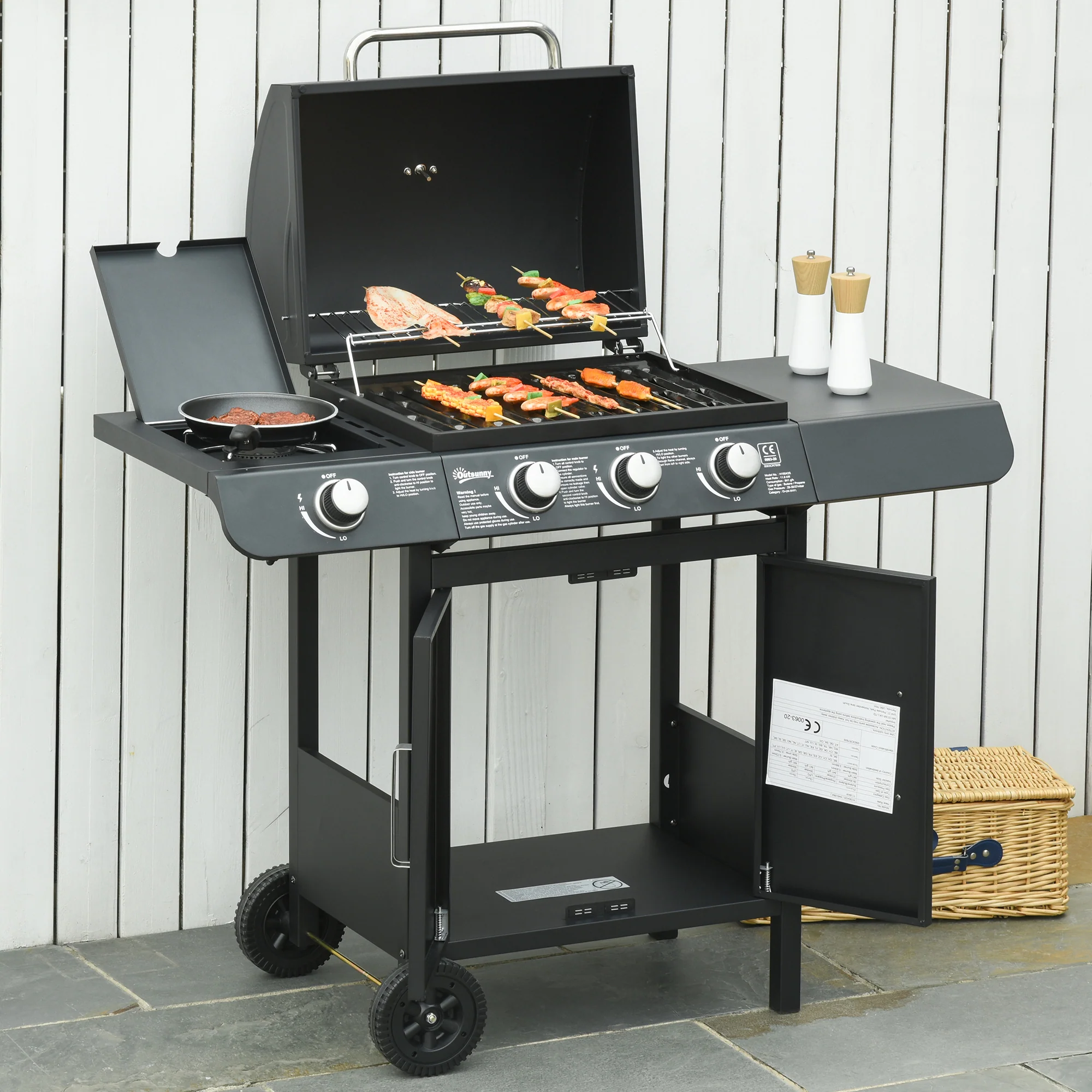 EasyComfort Barbecue a Gas con Coperchio, 4 Bruciatori da 11.6kW, Fornello, Mensola e 2 Ruote, 110x50x100cm Nero