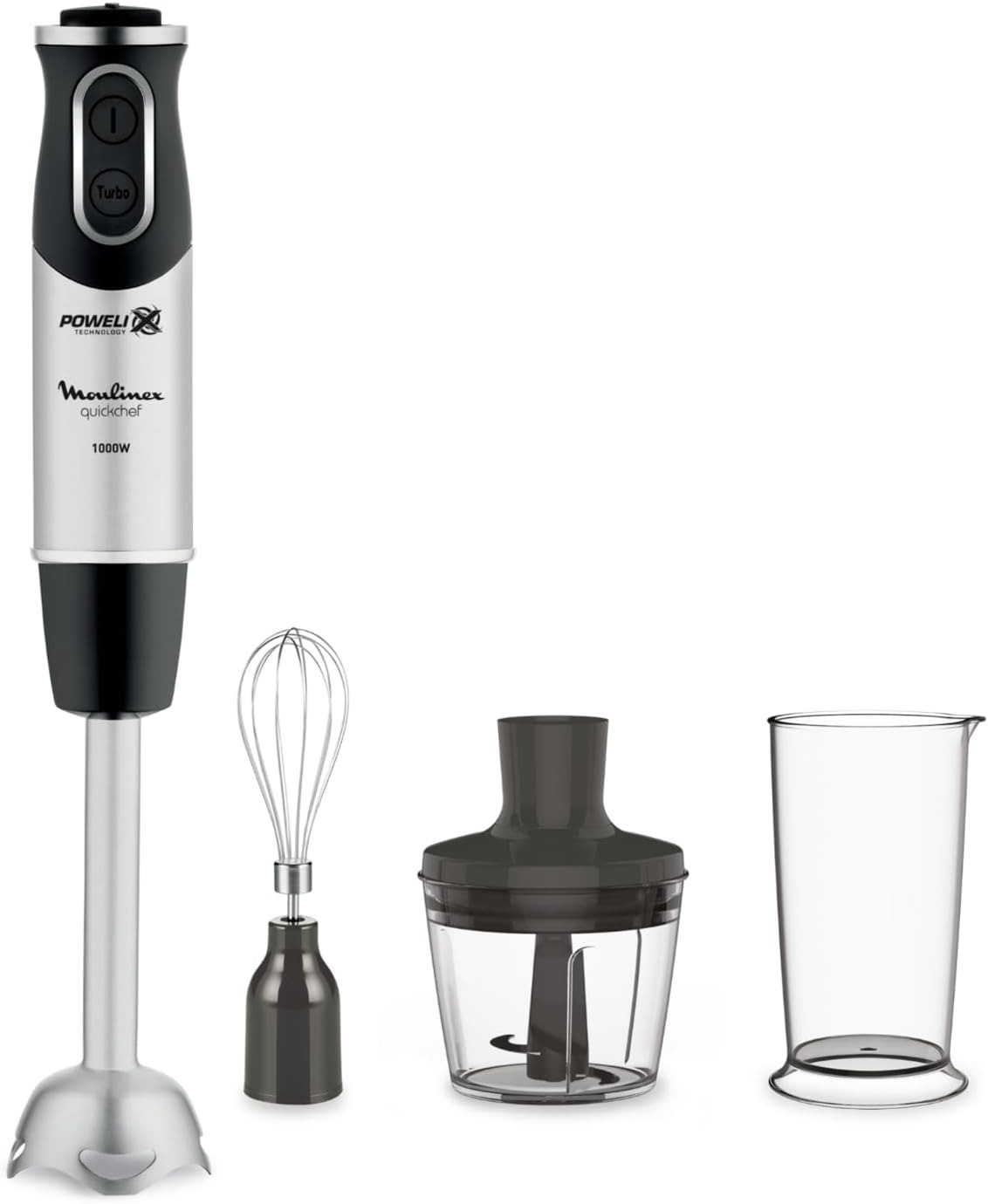 Moulinex DD6558 Quickchef 3in1 Frullatore a Immersione, 1000 W, Mixer con Tecnologia Powelix e 10 Velocità, 3 Accessori, Bicchiere 800 ml, Tritatutto 500 ml e Frusta, Lame in Acciaio Inossidabile