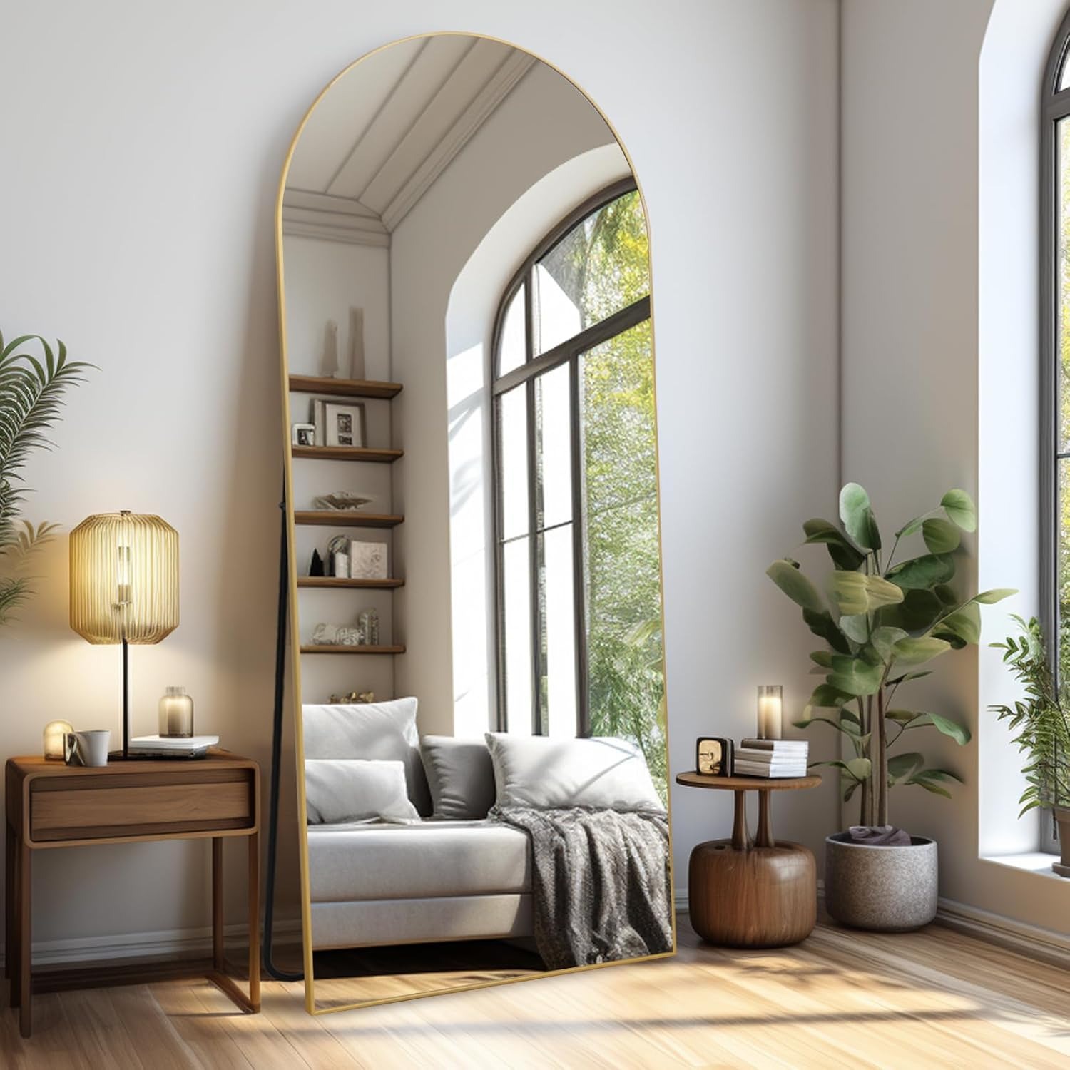 LunaMirror Specchio curvo per tutto il corpo, 179 x 65 cm, grande specchio da pavimento, per camera da letto, soggiorno, corridoio, ingresso da parete, oro