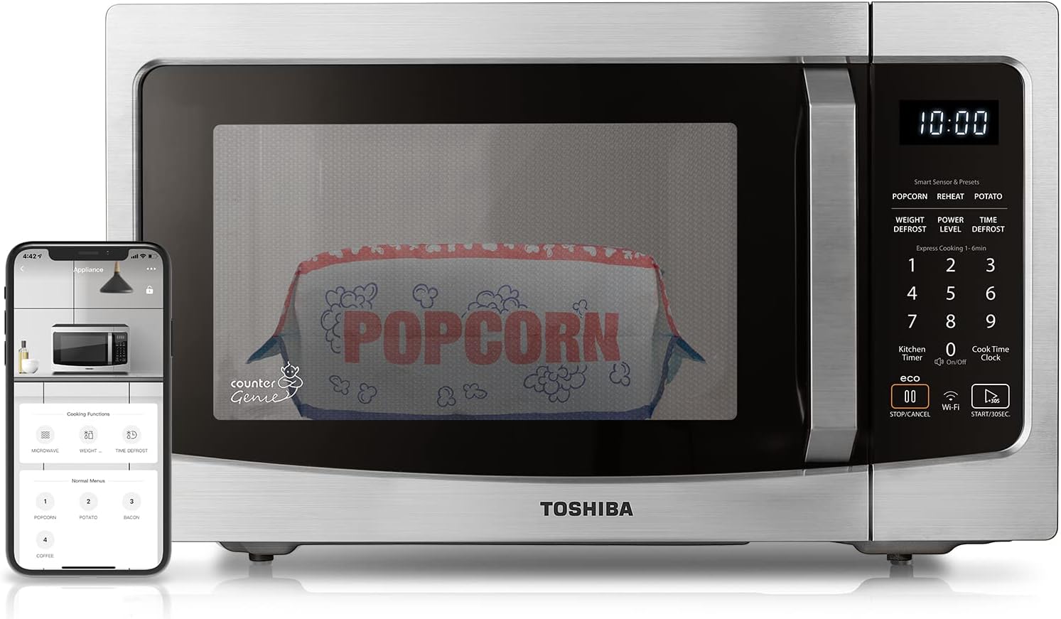 2025 TOSHIBA 4-in-1 ML-EC42P(SS) Forno a microonde da banco, sensore intelligente, convezione, friggitrice ad aria, funzione Mute, memoria di posizione 13,6” piatto rotante, 1,5 Cu Ft, 1000W, Argento