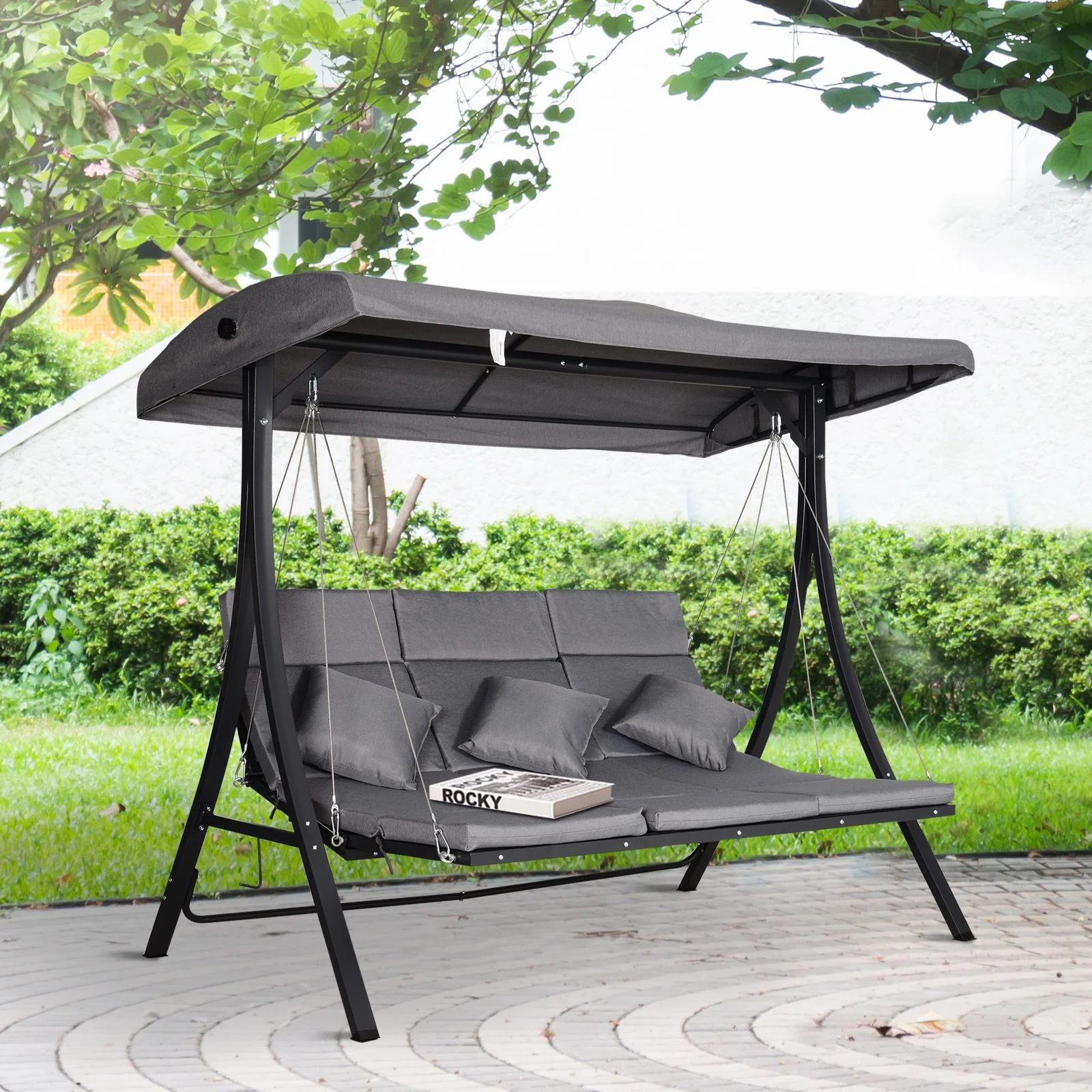 Easycomfort Dondolo da Giardino a 3 Posti, Dondolo da Esterno con Chaise Longue e Tetto Regolabile, Nero e Grigio, 200 x 115 x 168 cm