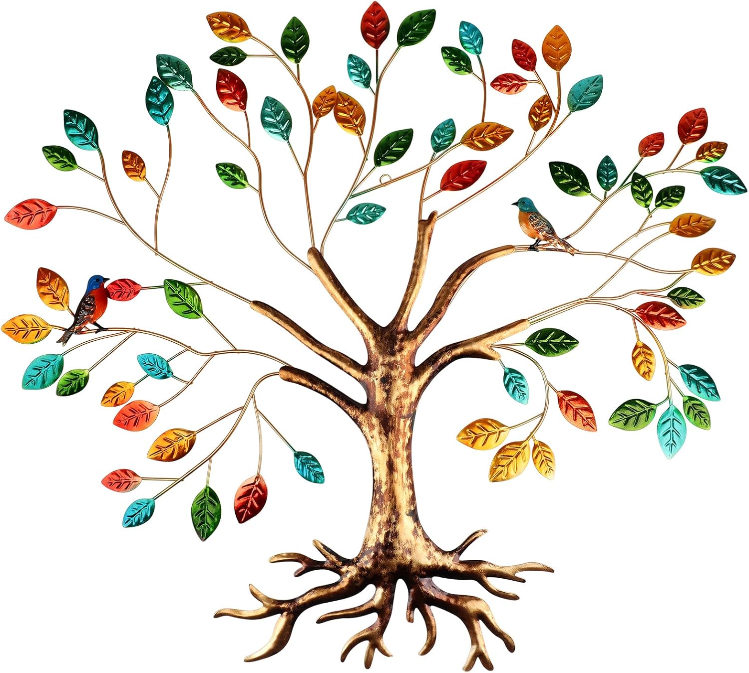 Fangoo Albero Della Vita in Metallo Decorazione 55x66CM Da Parete In Metallo con Albero di la Vita con Foglie Colorate e Colibrì per La Casa Camera Da Letto Soggiorno Bagno Cucina Ufficio Giardino