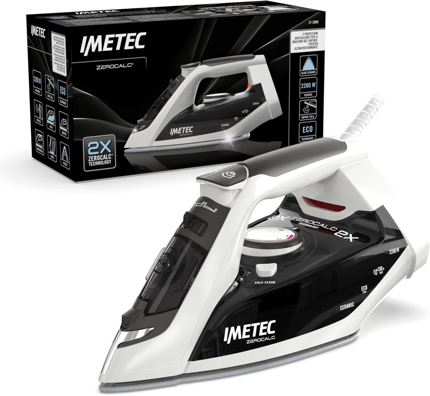 Imetec ZeroCalc Z1 2800 - Steam Iron - Anti-Limescale Technology - High Smoothness Ceramic Plate - Energy Saving Technology - 2200 Watt - Steam Shot 130 g - Calc Clean