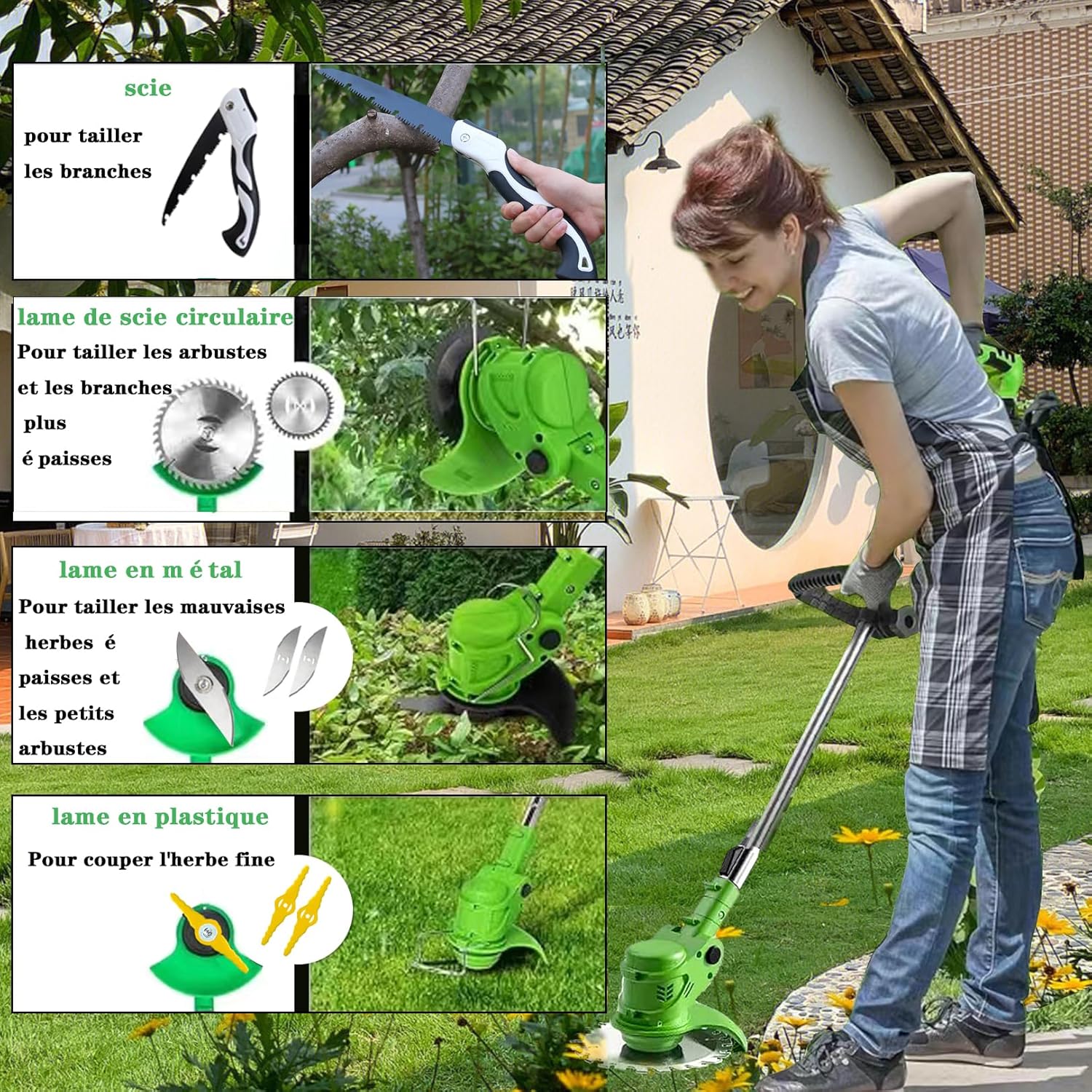 Decespugliatore a Batteria,21V 2000mAh Tagliabordi Elettrico， Con Lama in Metallo3 in 1Tagliabordi a batteria ，Maniglia a scomparsa e rotazione della testa di 90°，Adatto per prati, giardini e campi